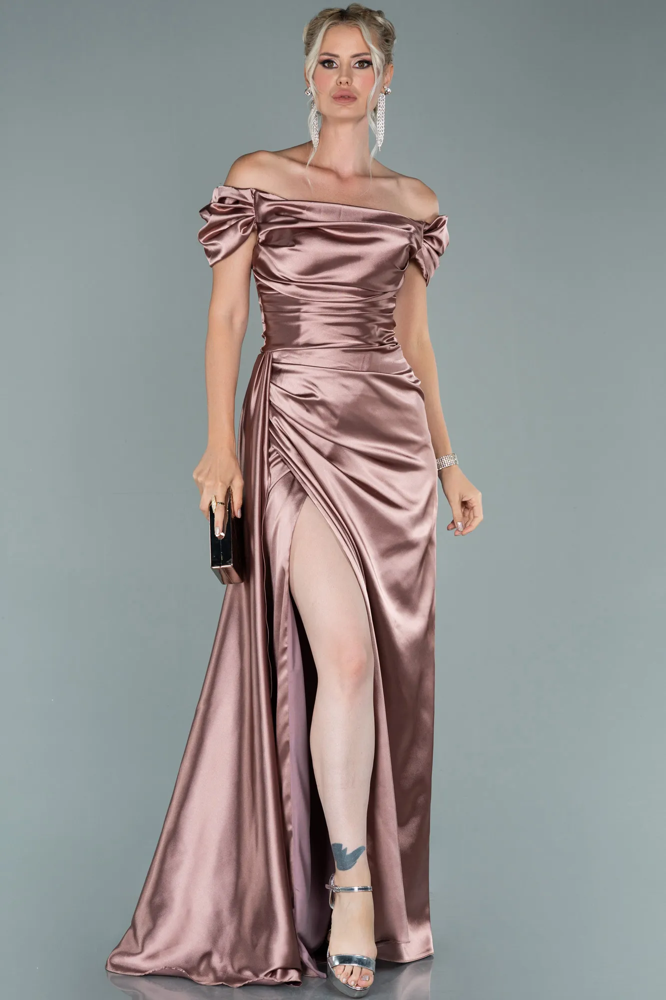 Rose Colored-Long Satin Engagement Dress ABU1606