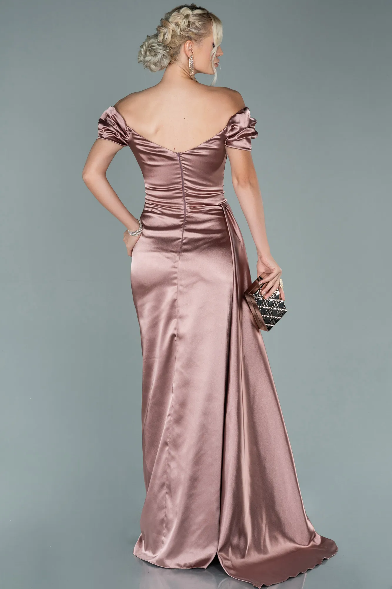 Rose Colored-Long Satin Engagement Dress ABU1606