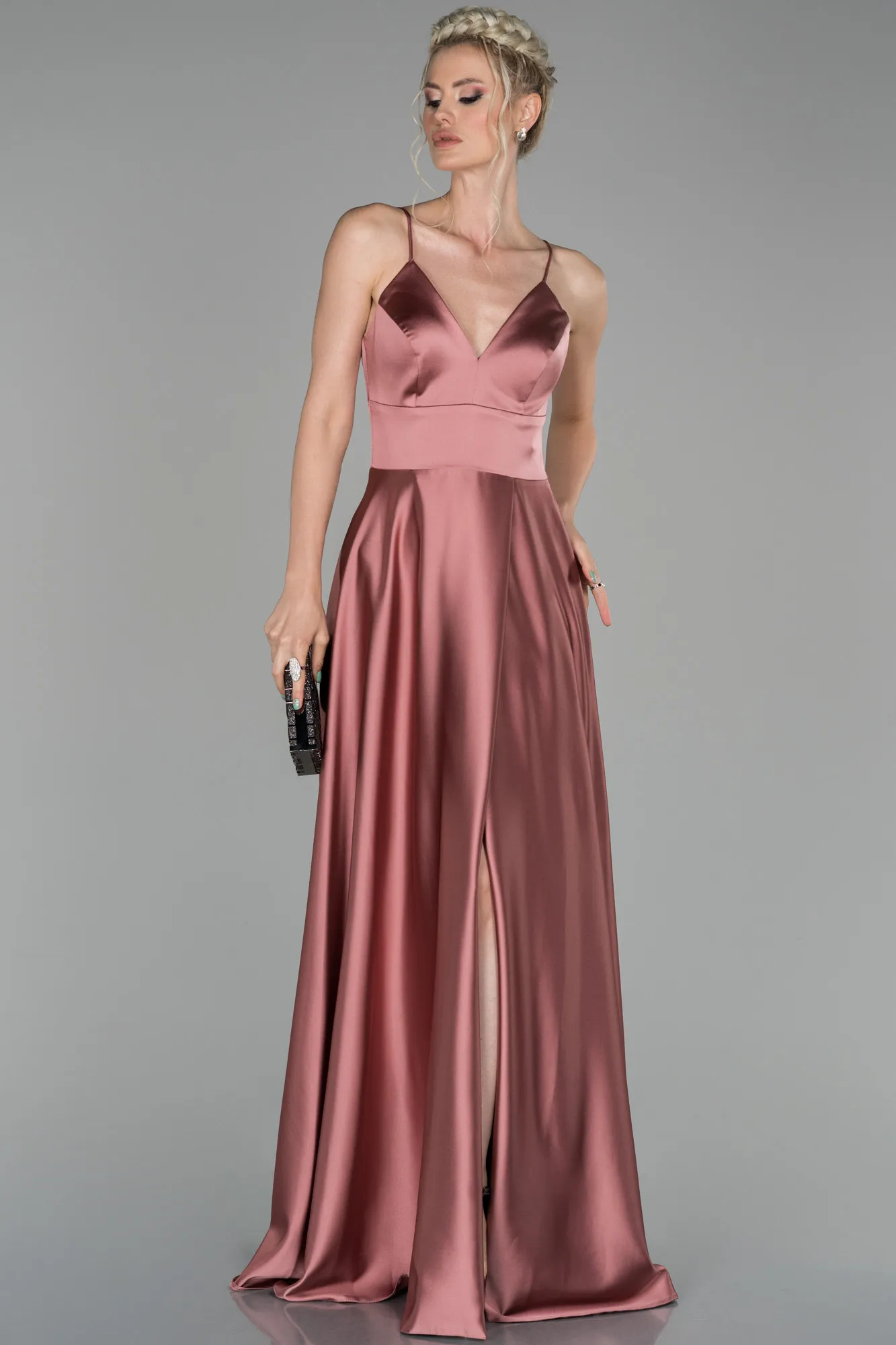 Rose Colored-Long Satin Evening Dress ABU1458