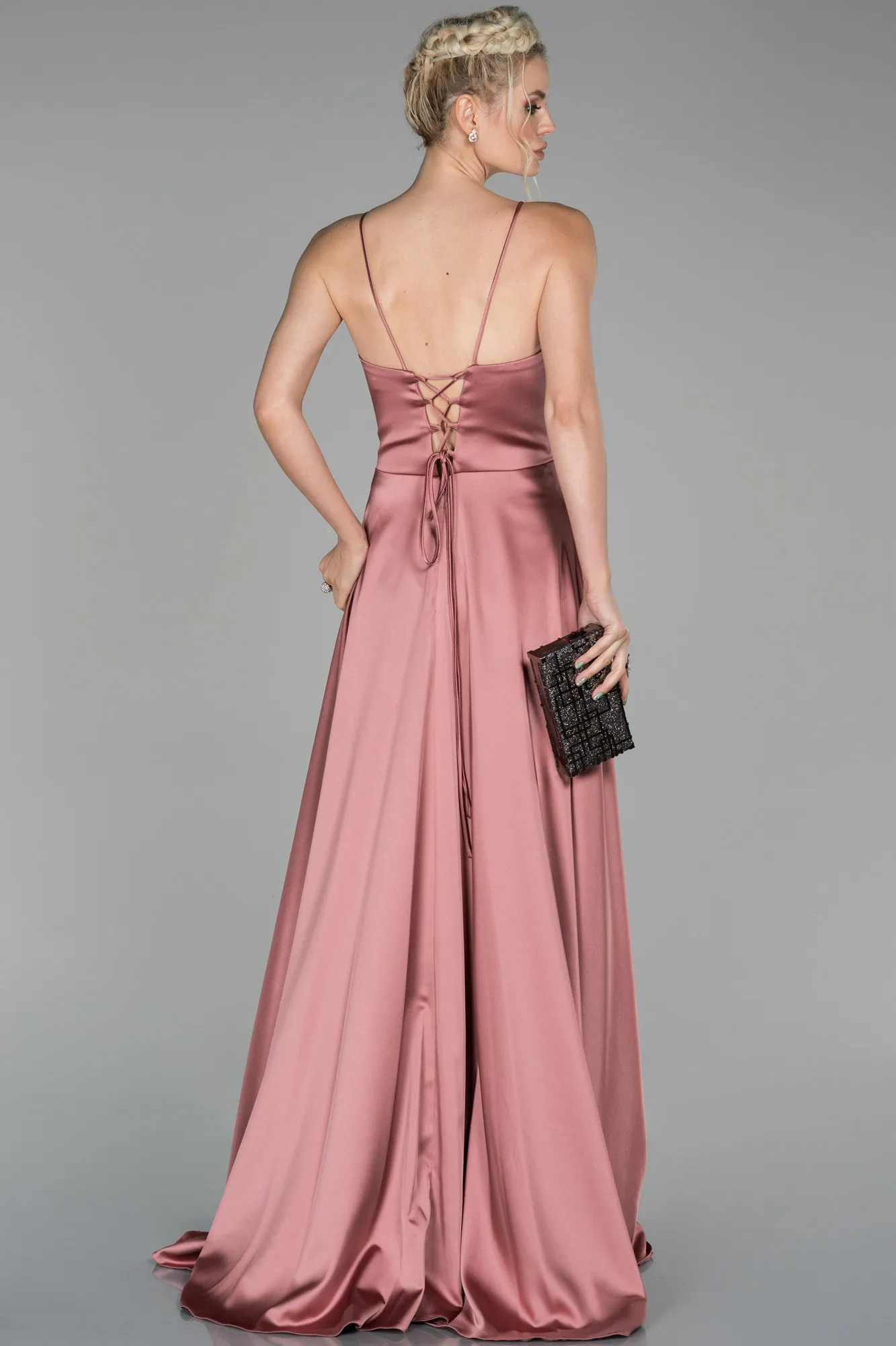 Rose Colored-Long Satin Evening Dress ABU1458