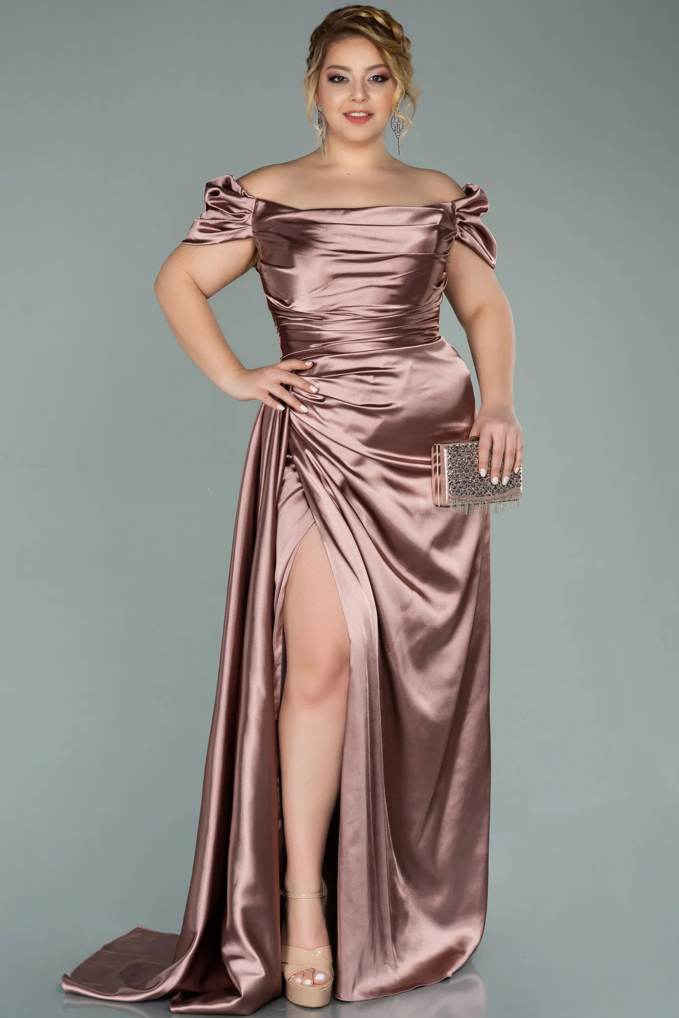 Rose Colored-Long Satin Plus Size Evening Dress ABU1626