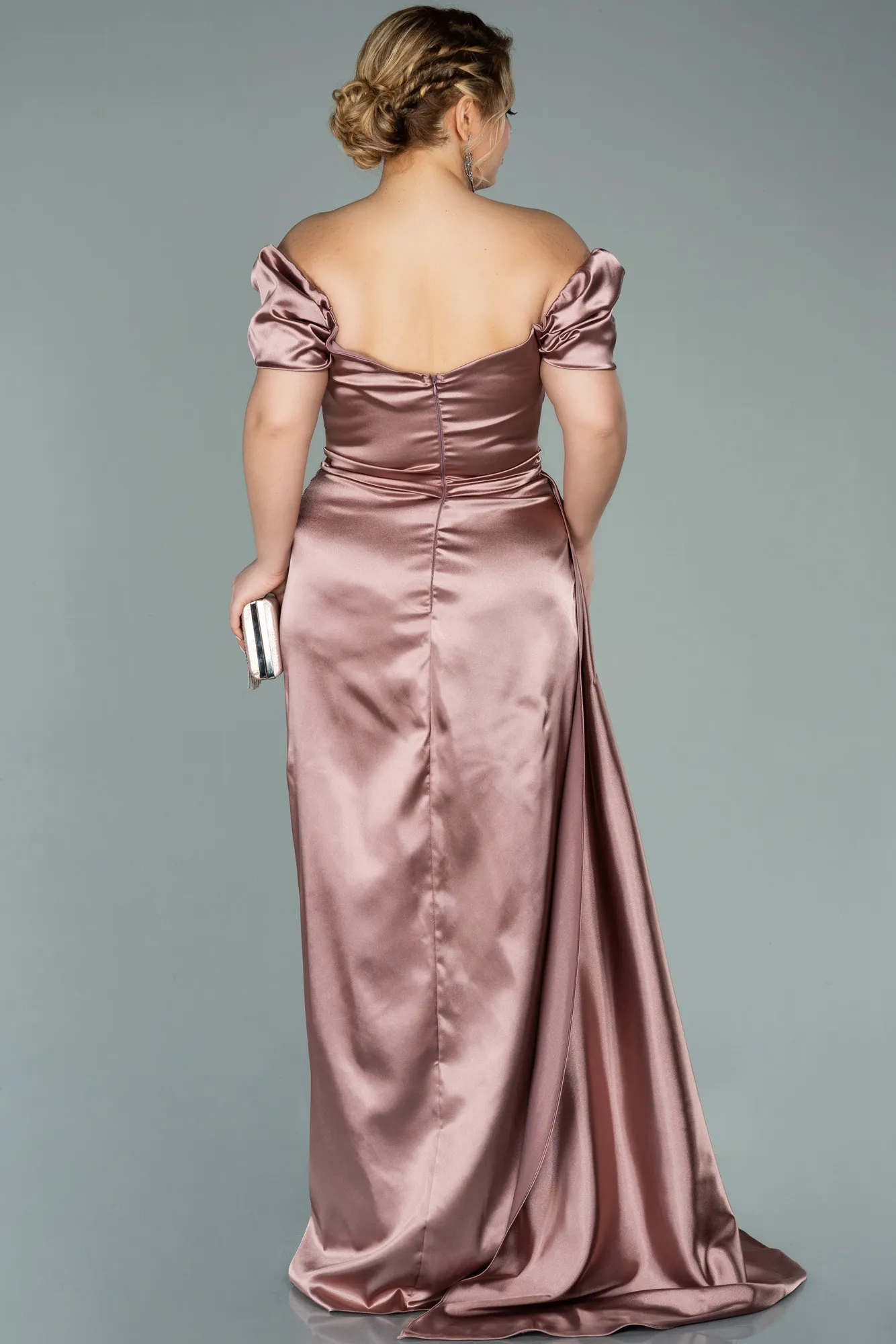 Rose Colored-Long Satin Plus Size Evening Dress ABU1626