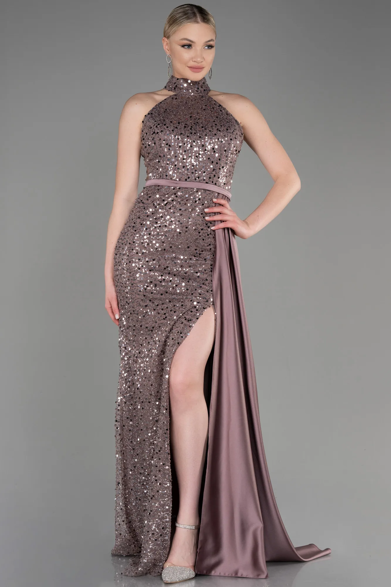 Rose Colored-Long Scaly Evening Dress ABU3888