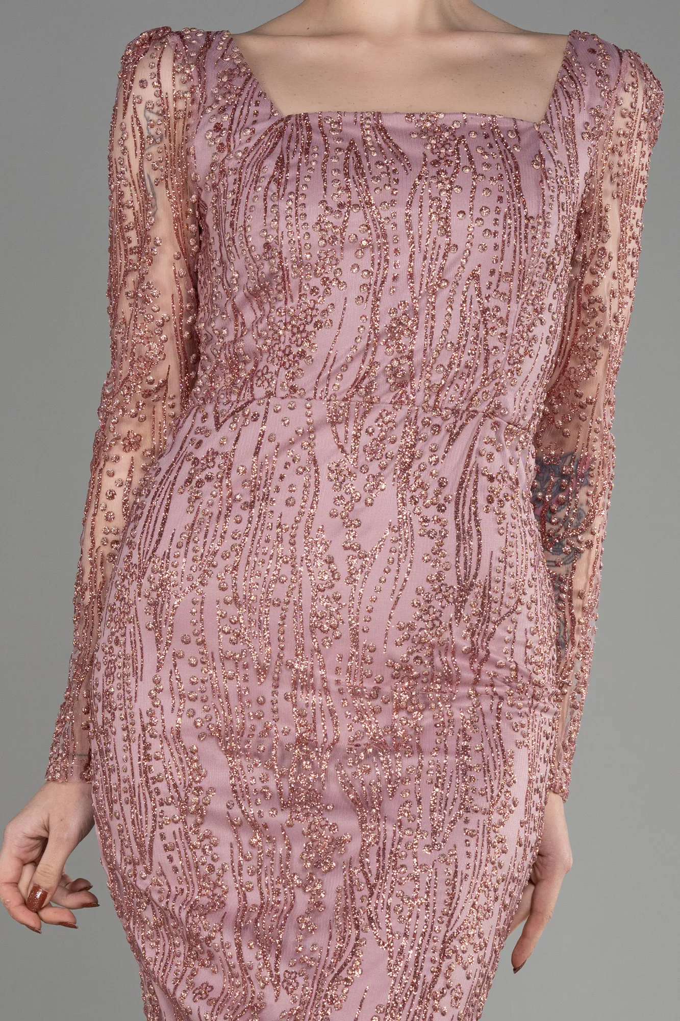 Rose Colored-Long Sleeve Midi Cocktail Dress ABK2025