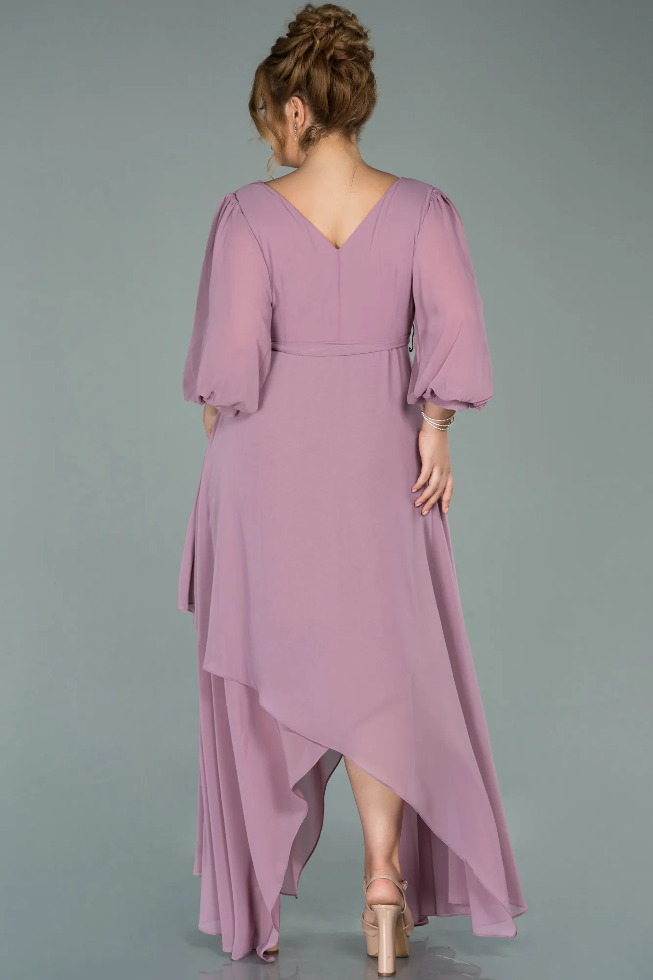 Rose Colored-Midi Chiffon Oversized Evening Dress ABK1083