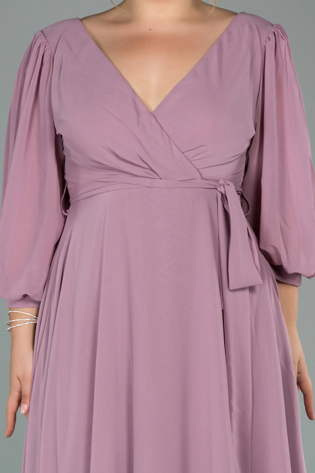 Rose Colored-Midi Chiffon Oversized Evening Dress ABK1083