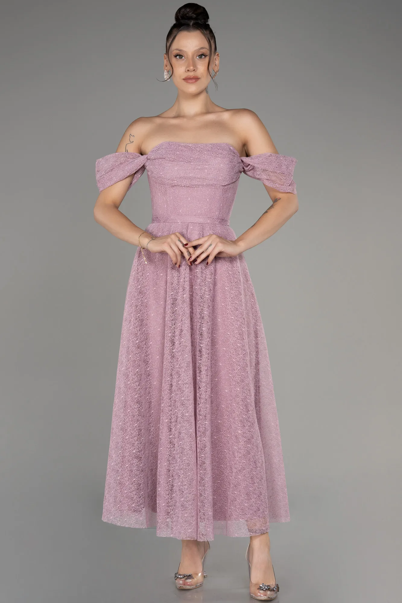 Rose Colored-Midi Dantelle Cocktail Dress ABK2103