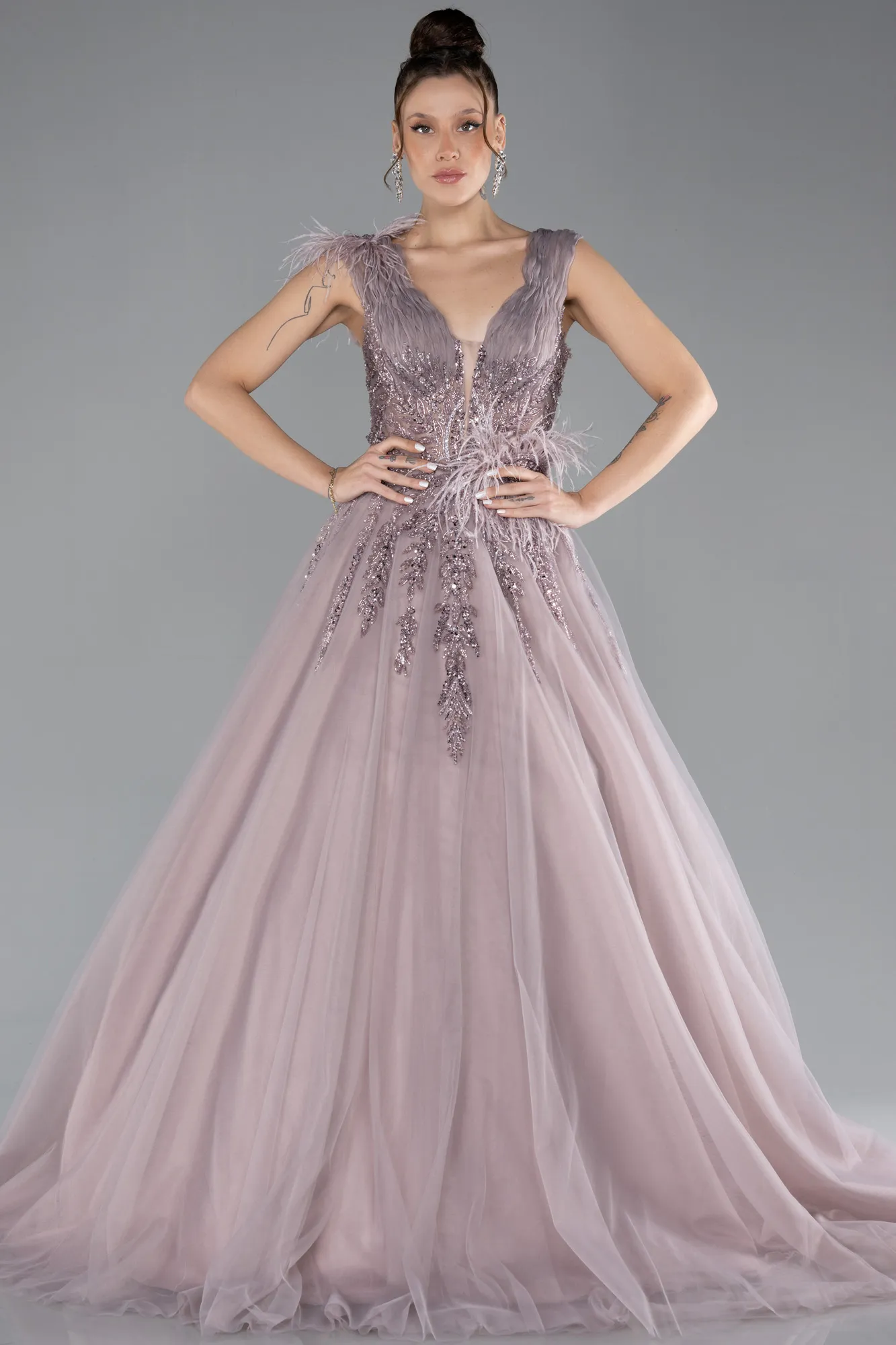 Rose Colored-Sleeveless Stoned Long Haute Couture Dress ABU4433