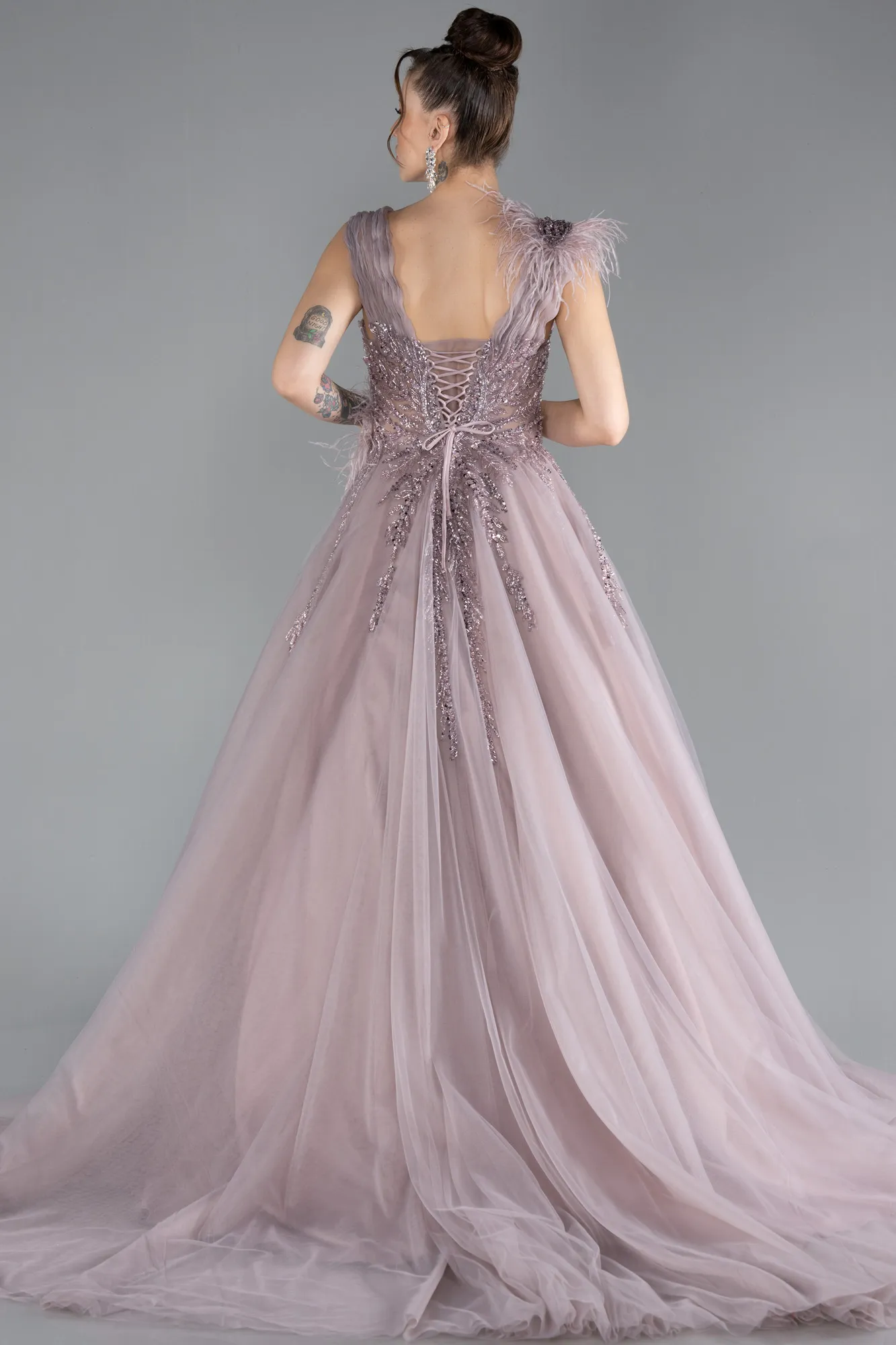 Rose Colored-Sleeveless Stoned Long Haute Couture Dress ABU4433