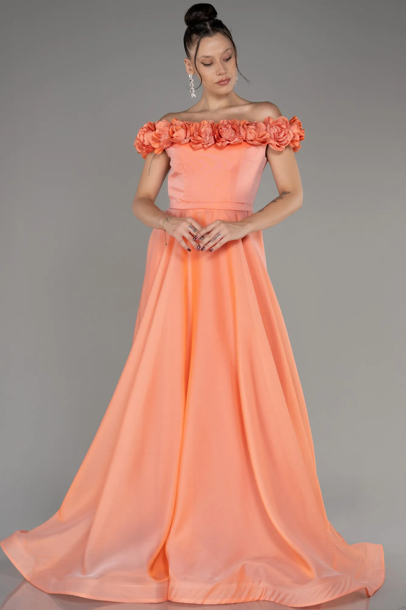 Salmon-Boat Neck Long Princess Evening Dress ABU3960