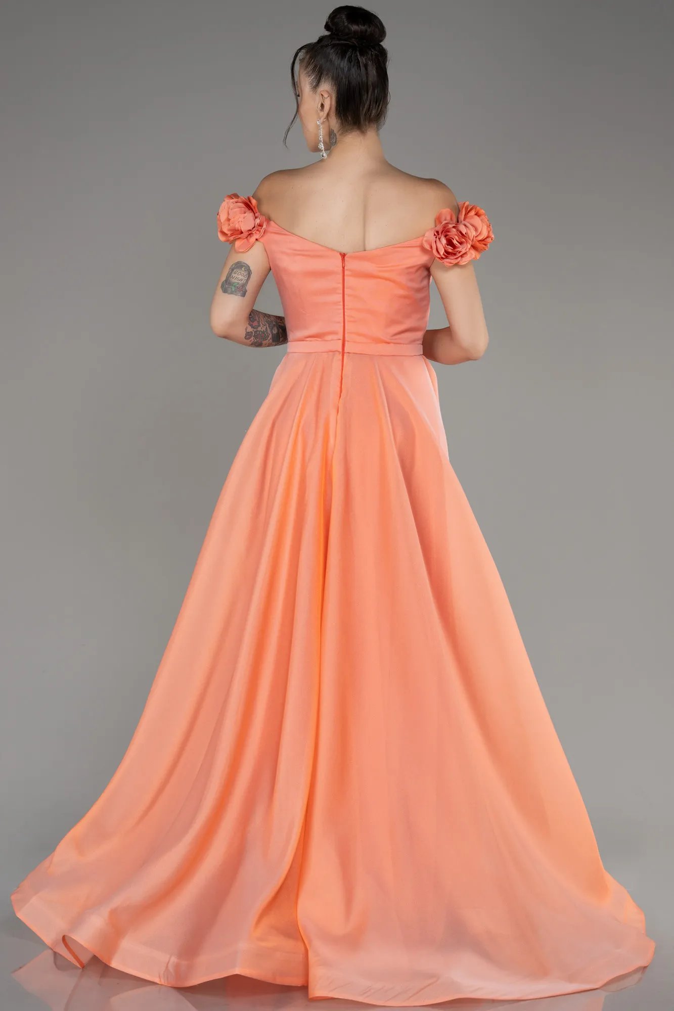 Salmon-Boat Neck Long Princess Evening Dress ABU3960