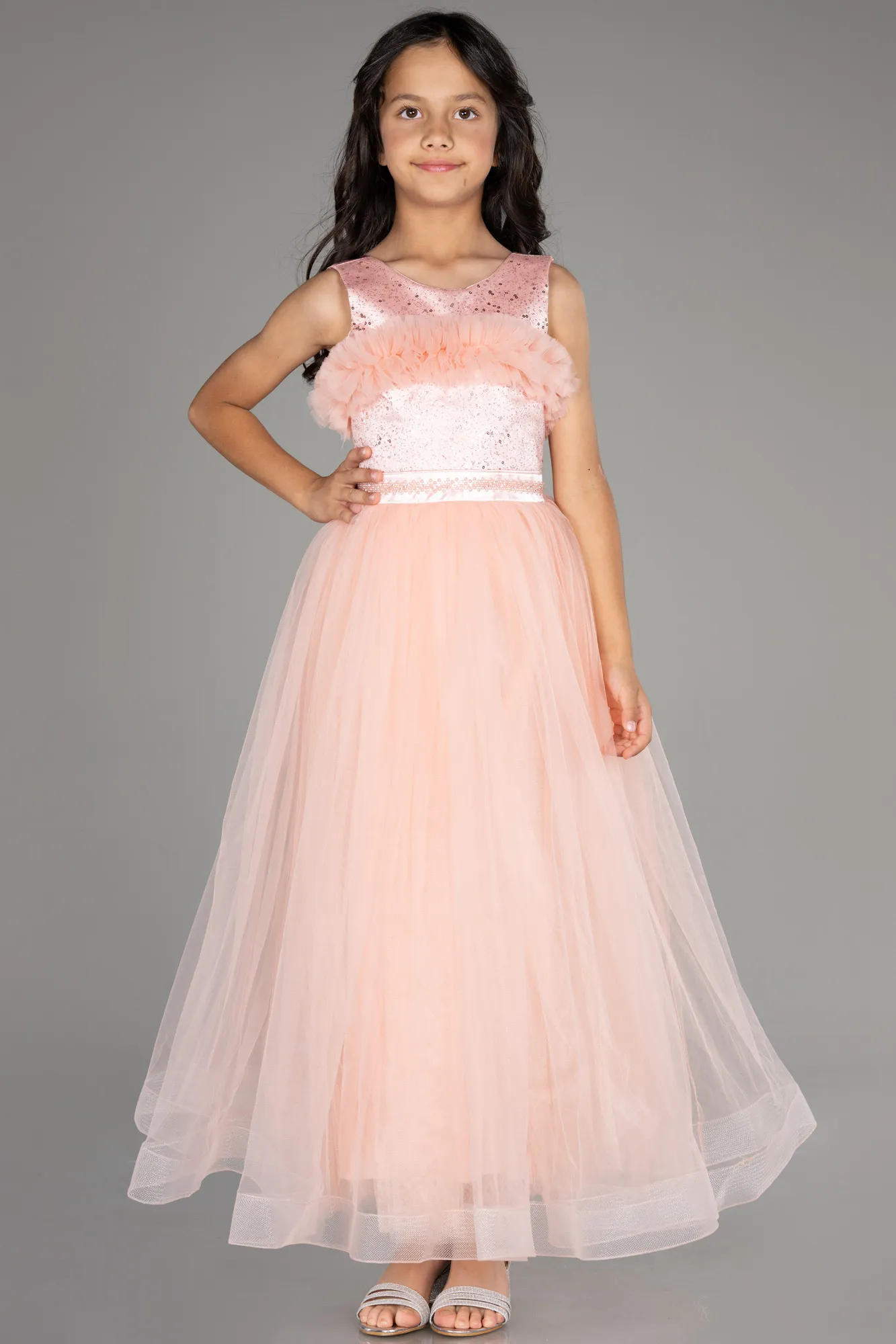 Salmon-Long Girl Dress ABU3909