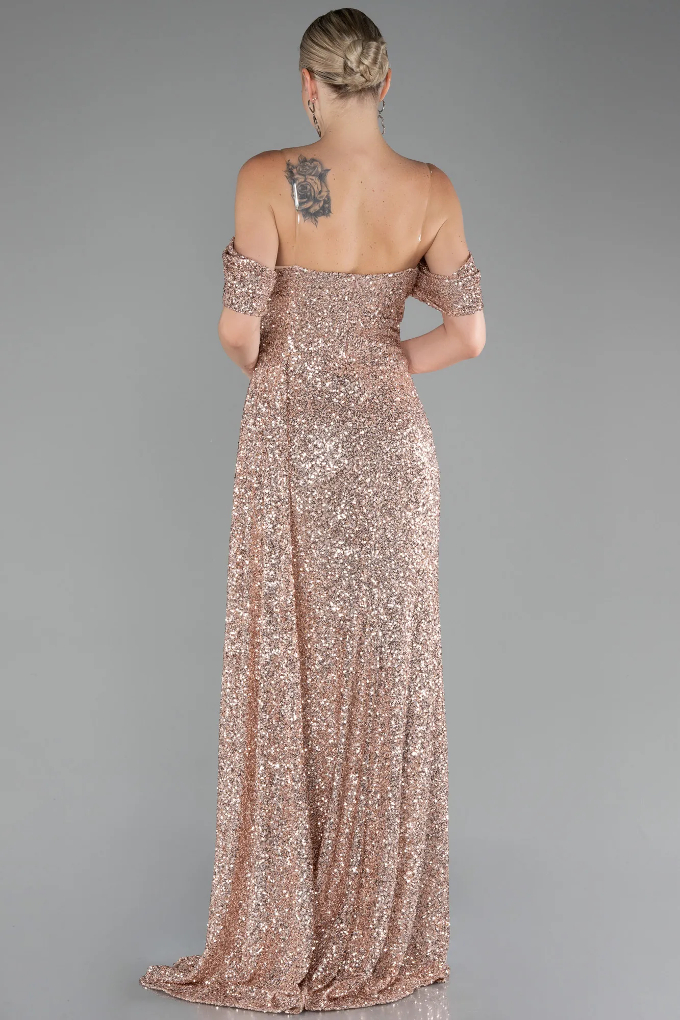 Salmon-Off Shoulder Boat Neck Slit Sequined Long Evening Gown ABU4074