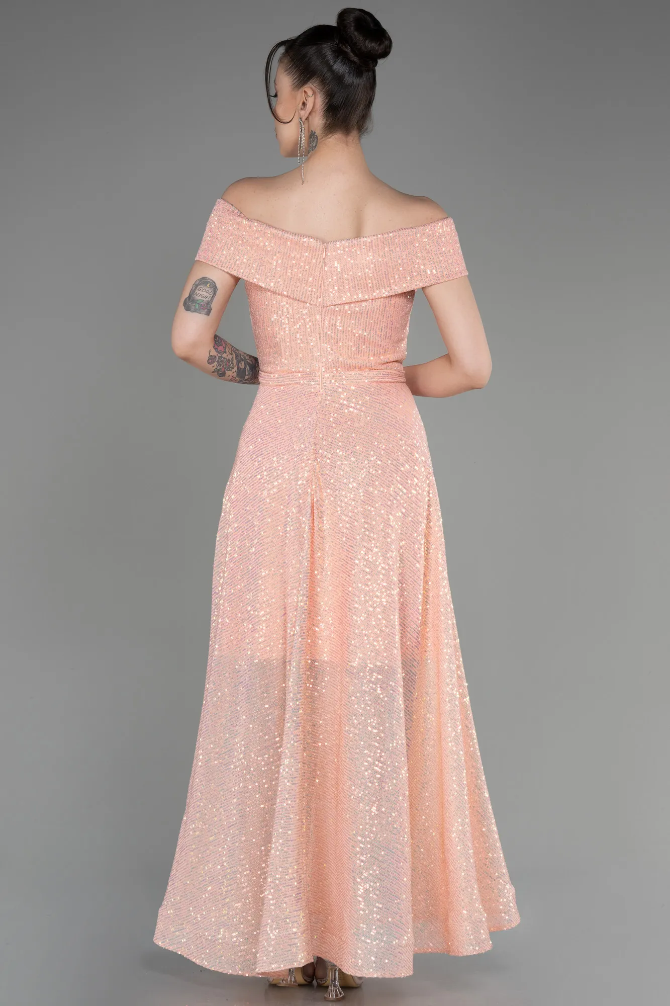 Salmon-Off The Soulder Scaly Midi Evening Dress ABK2048