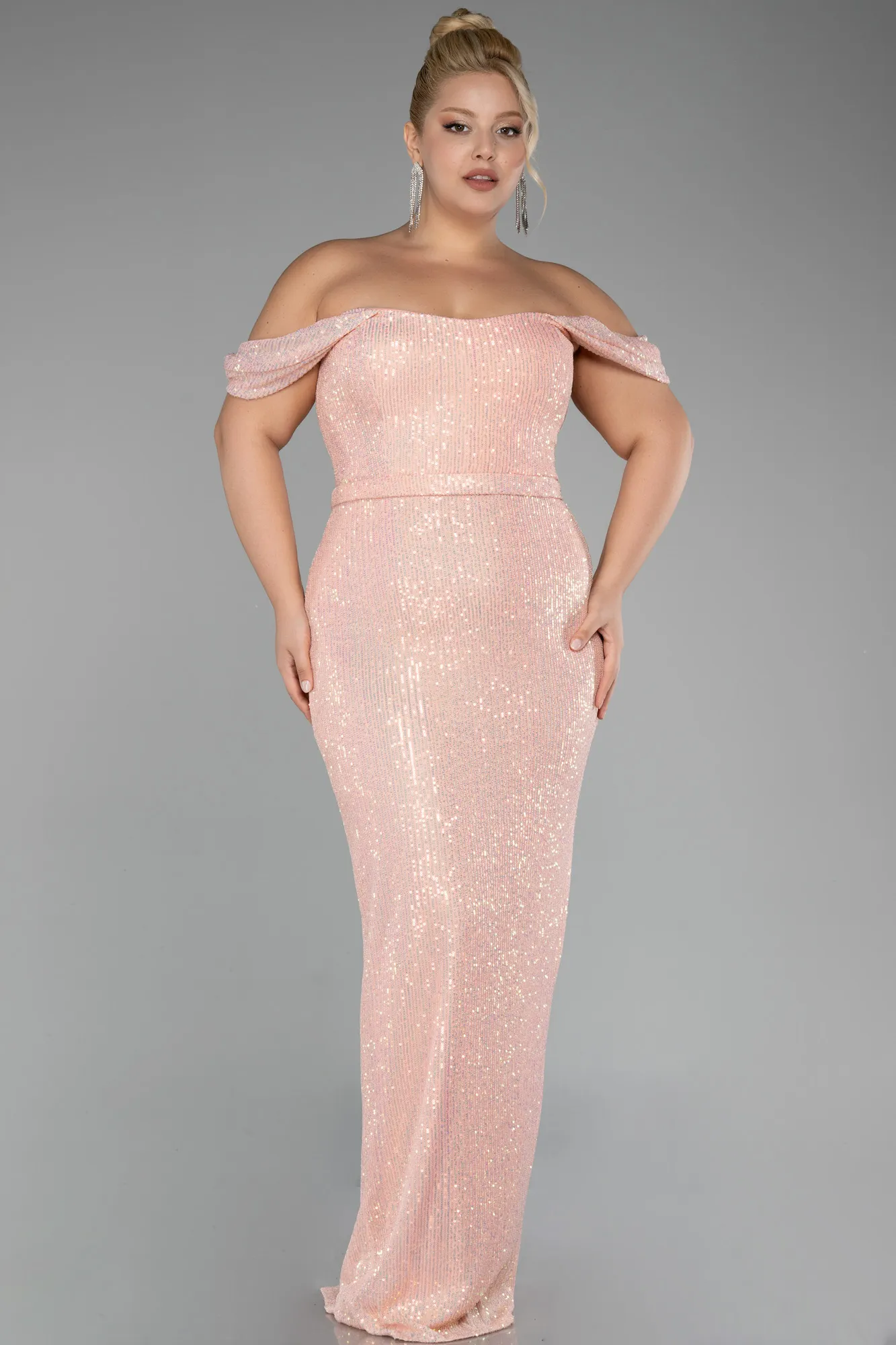 Salmon-Shoulder Low Cut Long Sequin Plus Size Evening Dress ABU3919