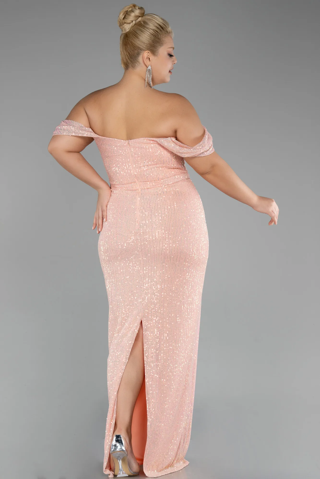 Salmon-Shoulder Low Cut Long Sequin Plus Size Evening Dress ABU3919