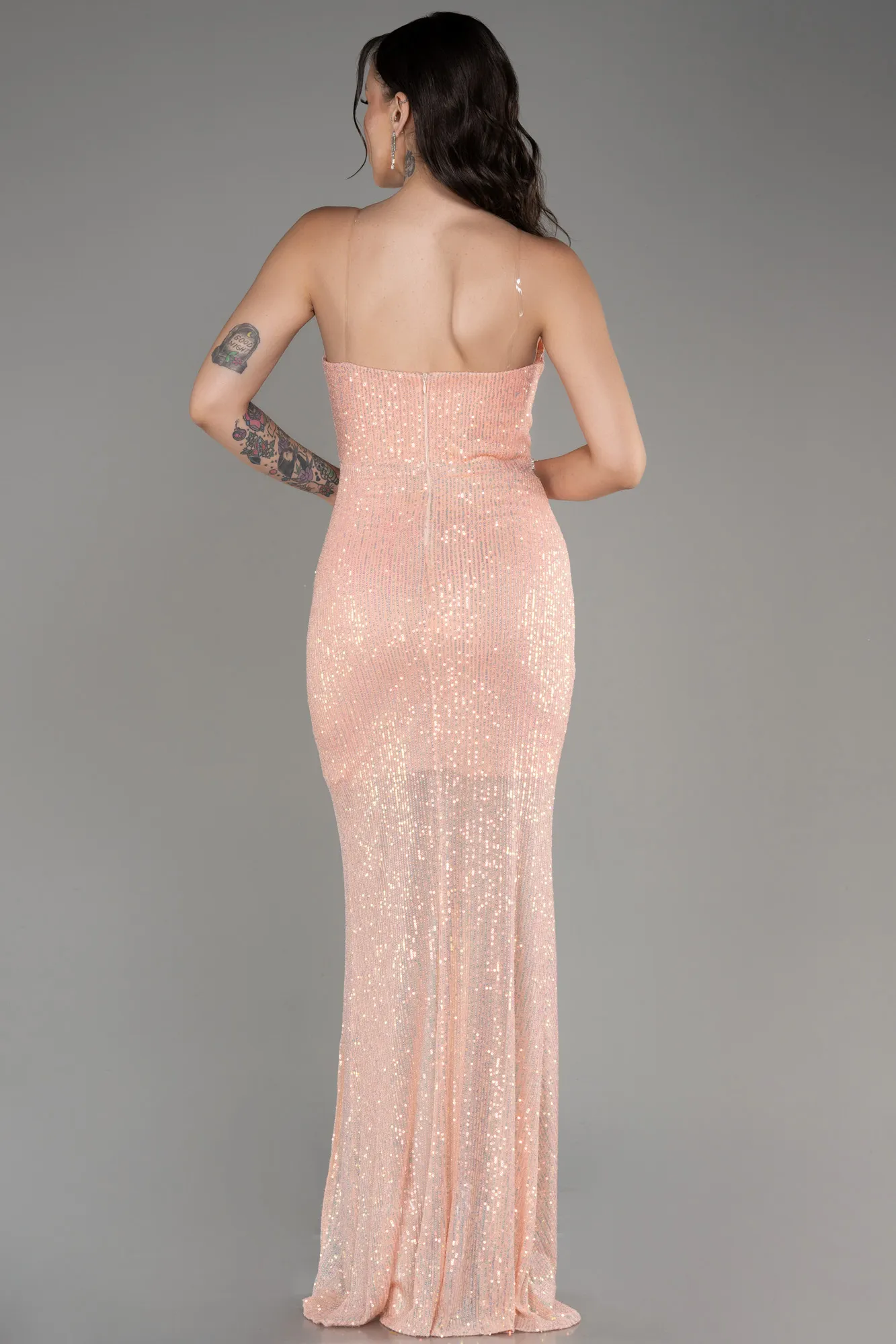 Salmon-Strapless Sequined Long Mermaid Evening Dress ABU3849