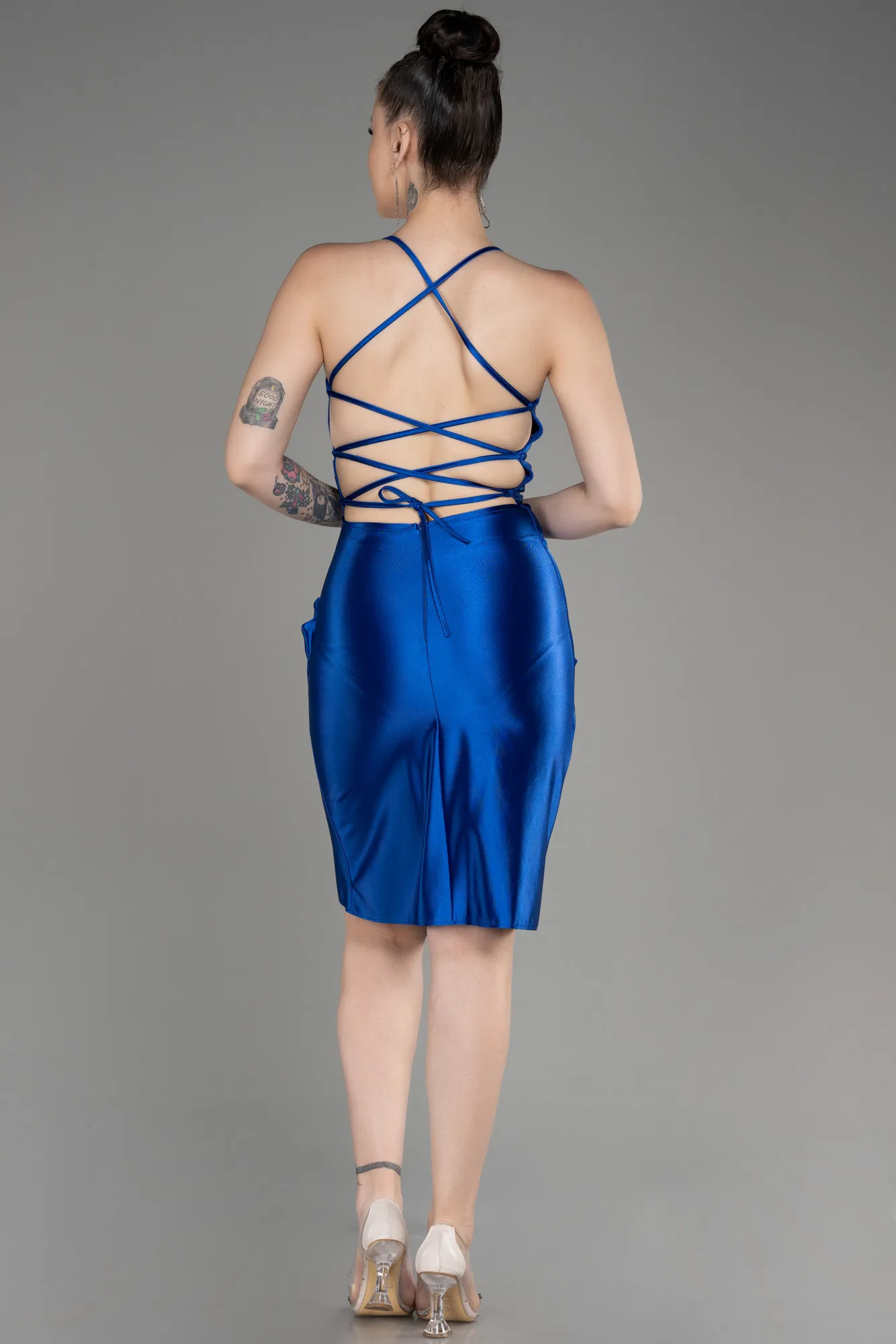 Sax Blue-Backless Short Satin Cocktail Dress ABK2078