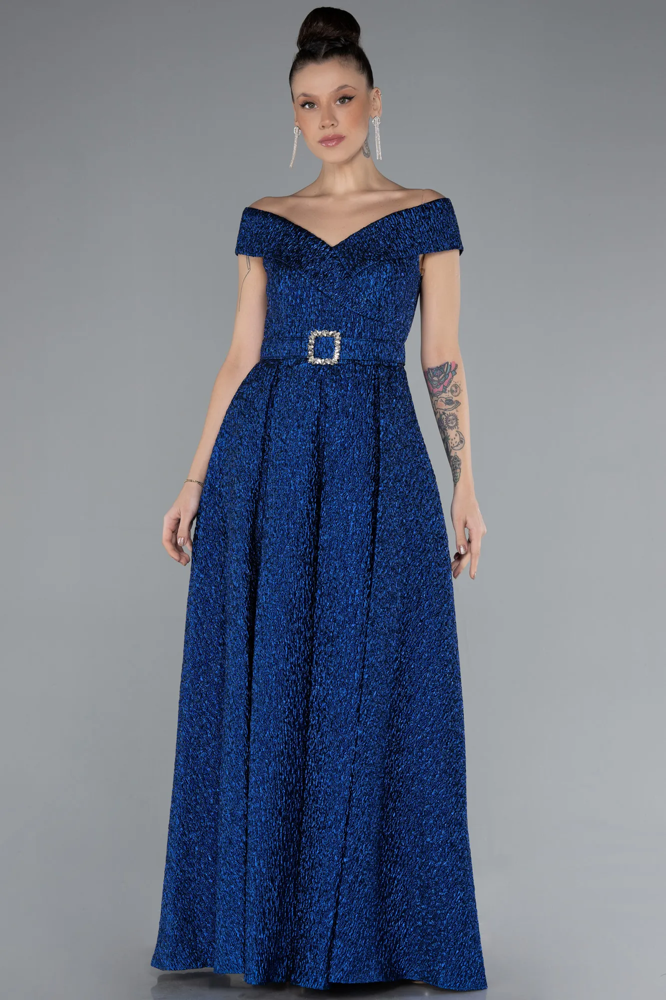 Sax Blue-Boat Neck Belted Long Silvery Evening Dress ABU4532