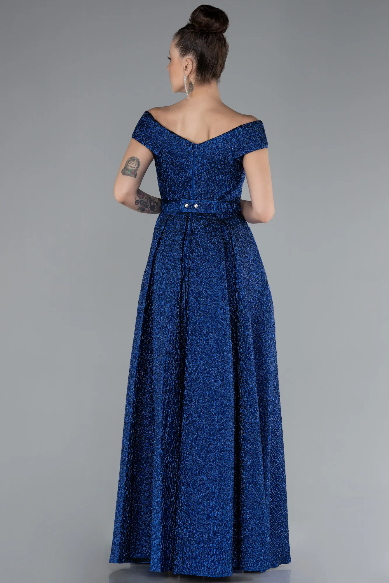 Sax Blue-Boat Neck Belted Long Silvery Evening Dress ABU4532