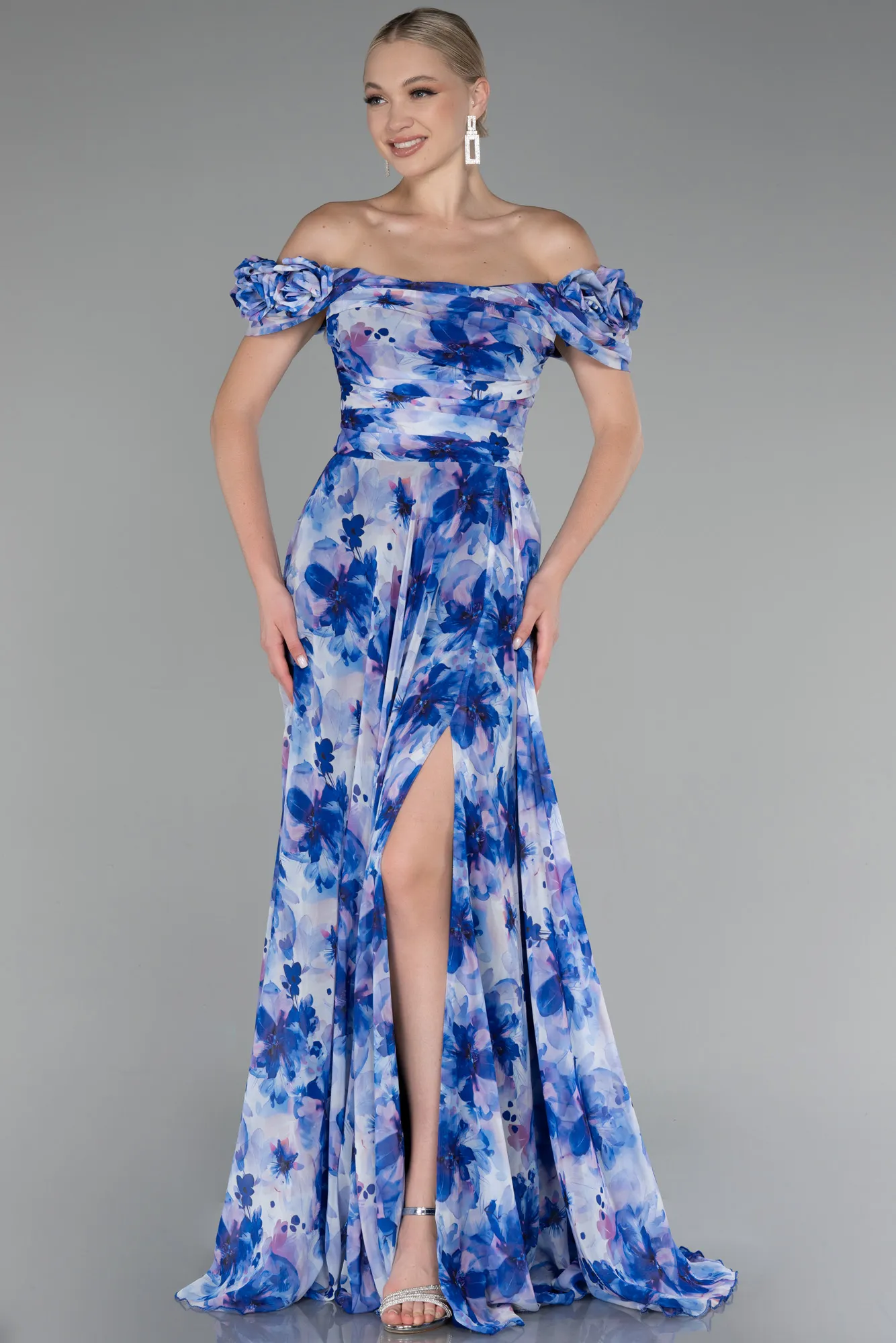 Sax Blue-Boat Neck Floral Slit Long Prom Dress ABU4113