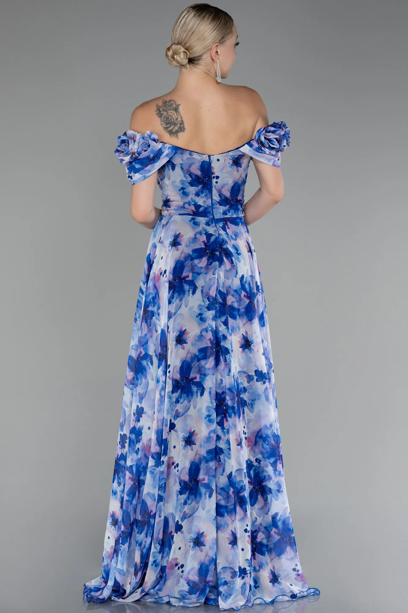 Sax Blue-Boat Neck Floral Slit Long Prom Dress ABU4113