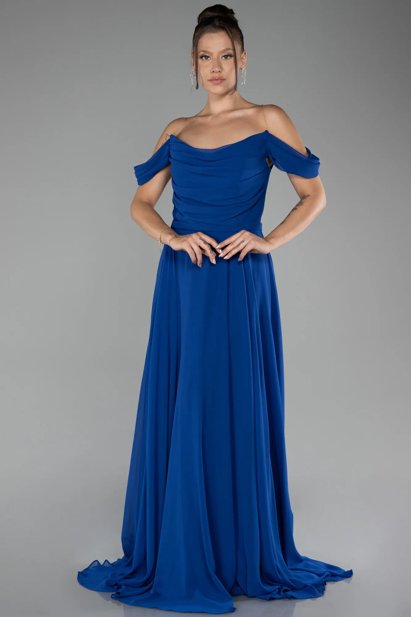 Sax Blue-Boat Neck Long Chiffon Evening Dress ABU4078