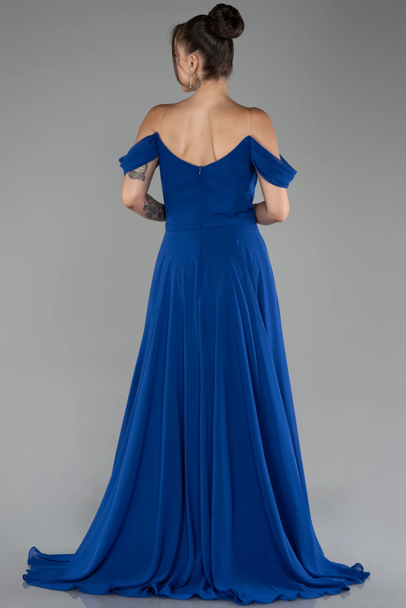 Sax Blue-Boat Neck Long Chiffon Evening Dress ABU4078