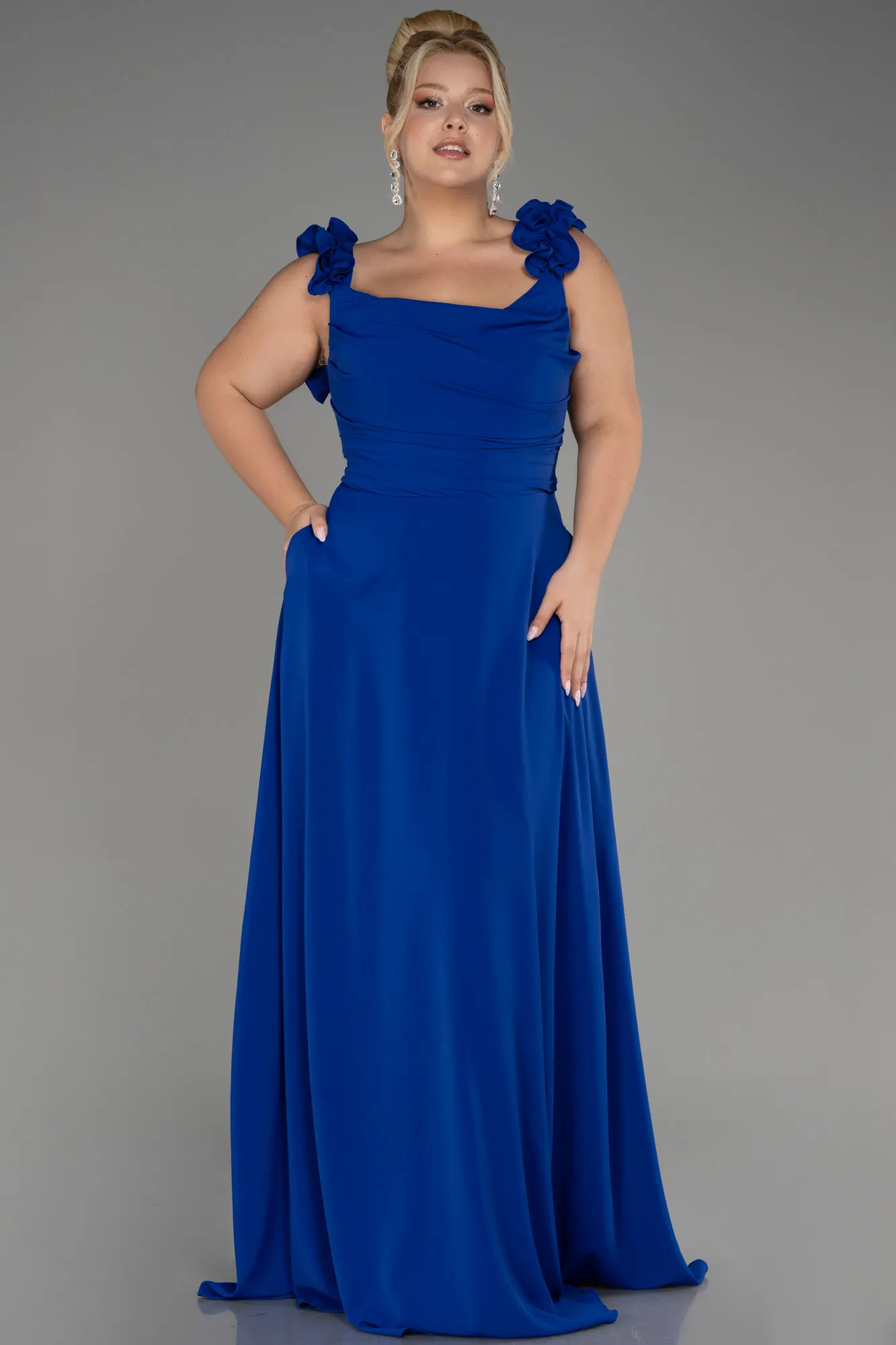 Sax Blue-Boat Neck Long Chiffon Plus Size Evening Dress ABU4026