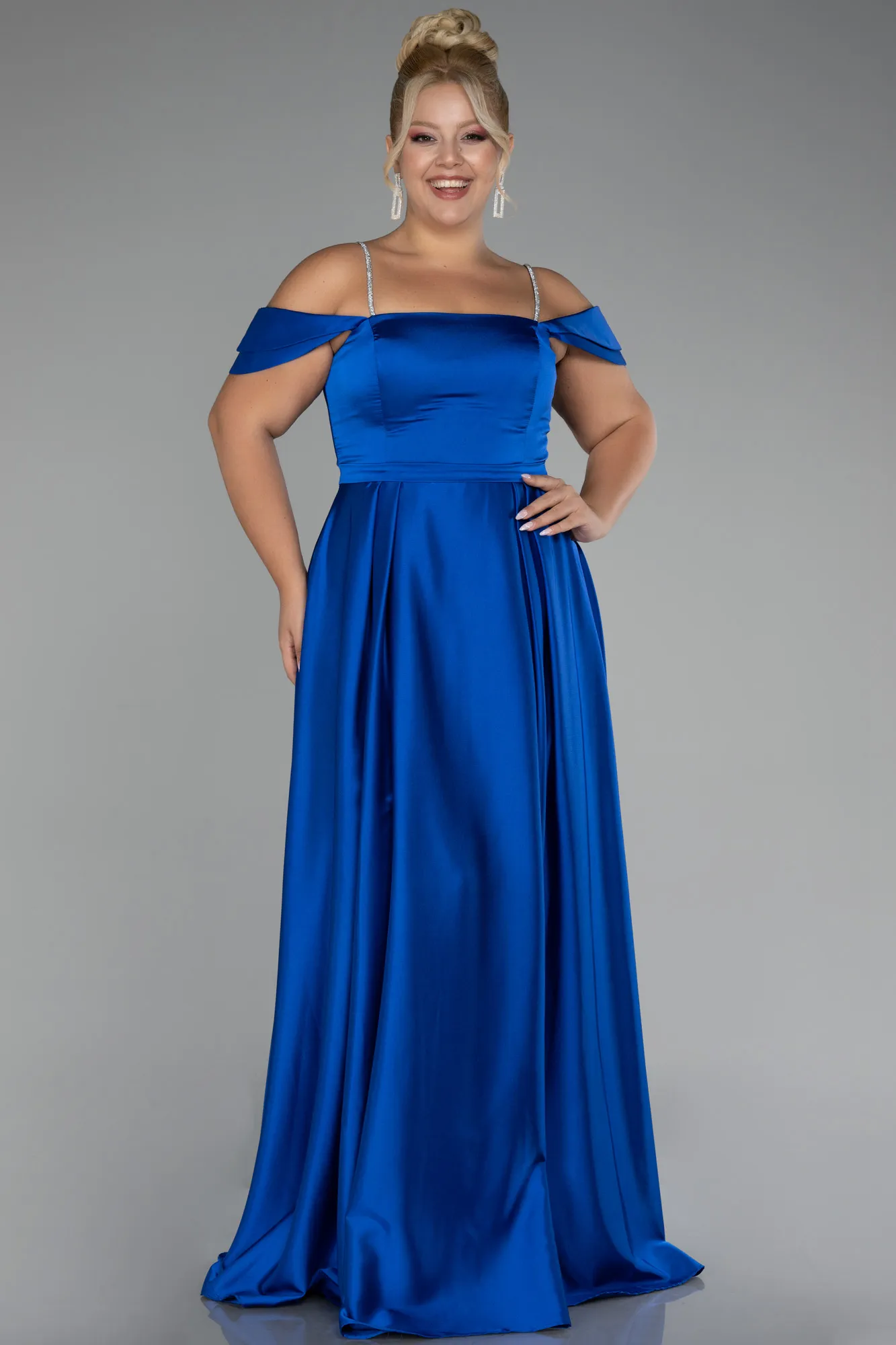 Sax Blue-Boat Neck Long Satin Plus Size Prom Dress ABU4125