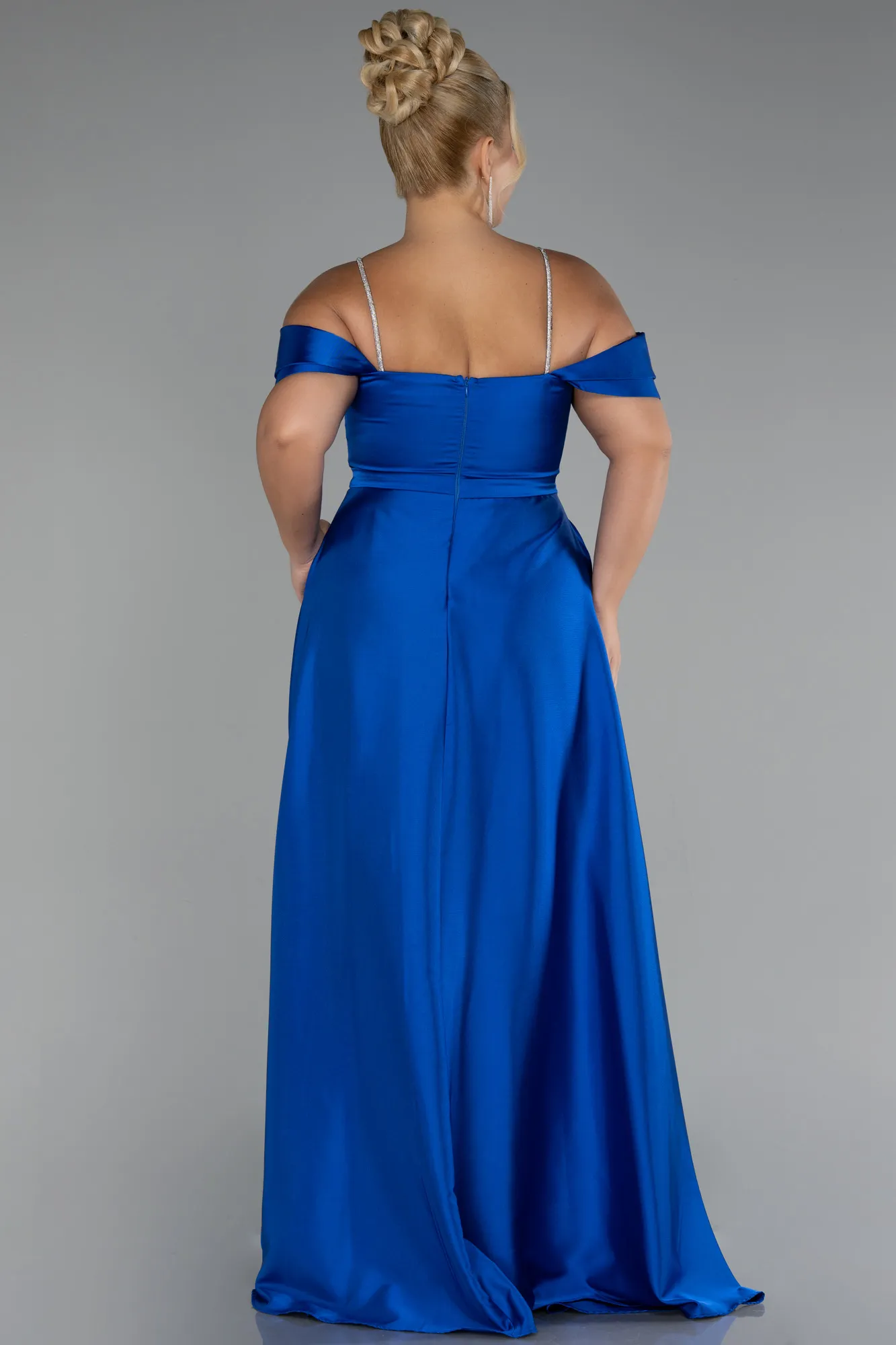 Sax Blue-Boat Neck Long Satin Plus Size Prom Dress ABU4125