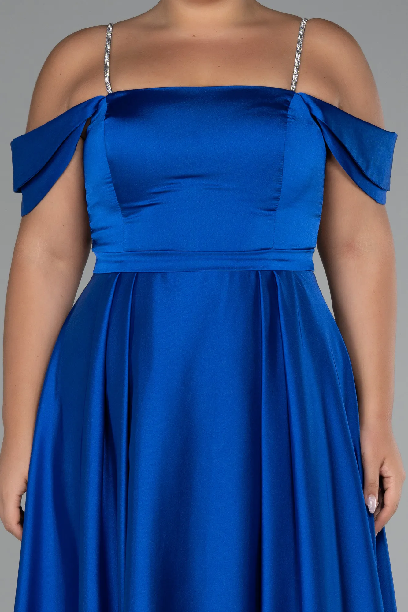 Sax Blue-Boat Neck Long Satin Plus Size Prom Dress ABU4125