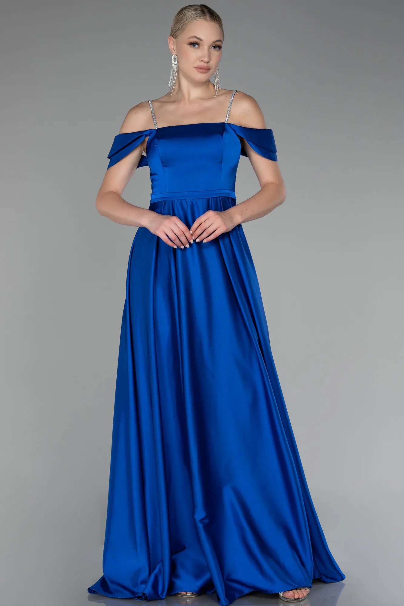 Sax Blue-Boat Neck Long Satin Prom Dress ABU4122