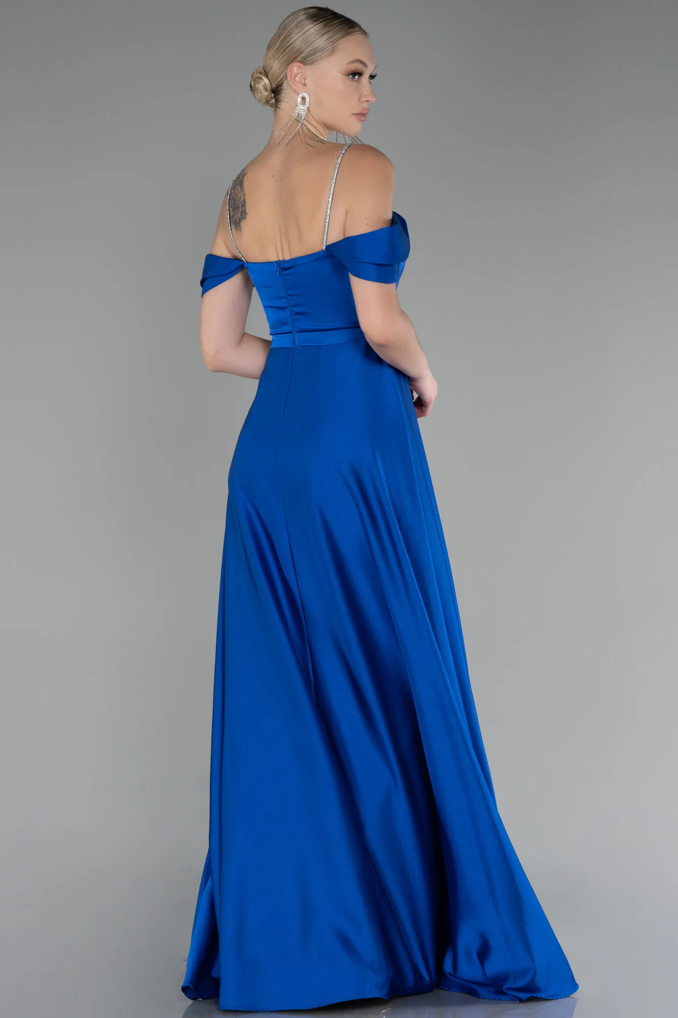 Sax Blue-Boat Neck Long Satin Prom Dress ABU4122