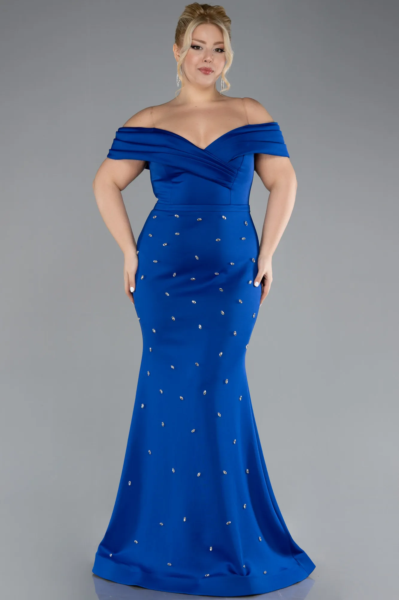 Sax Blue-Boat Neck Long Stoned Plus Size Evening Gown ABU4347