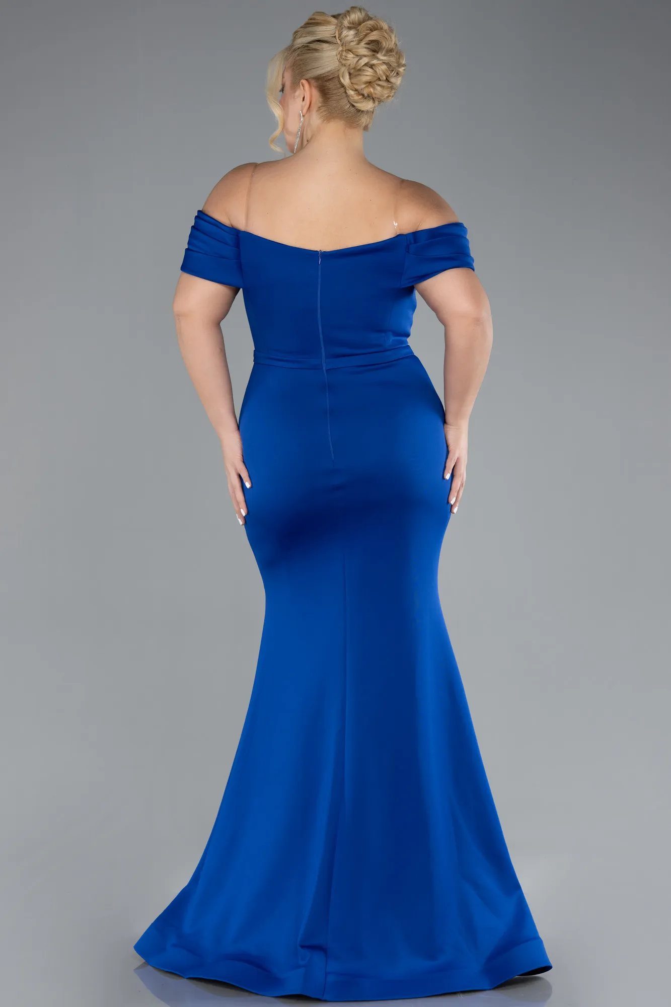 Sax Blue-Boat Neck Long Stoned Plus Size Evening Gown ABU4347