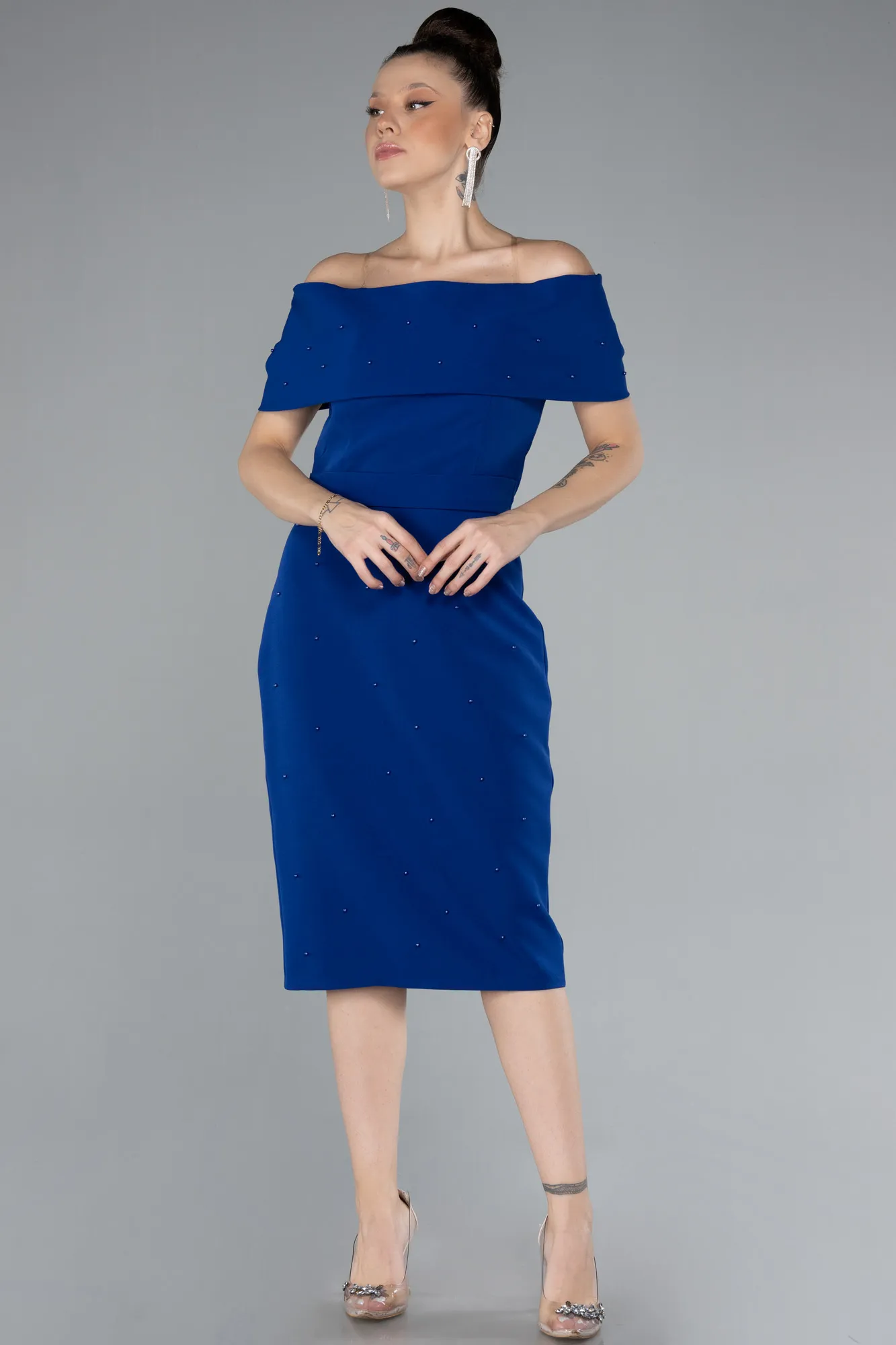 Sax Blue-Boat Neck Midi Invitation Dress ABK2203