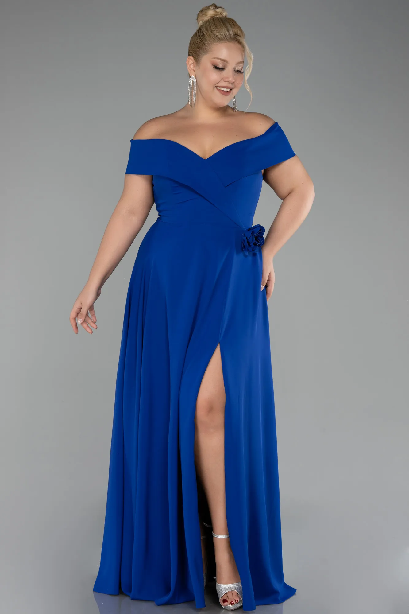 Sax Blue-Boat Neck Slit Long Chiffon Plus Size Prom Dress ABU4234