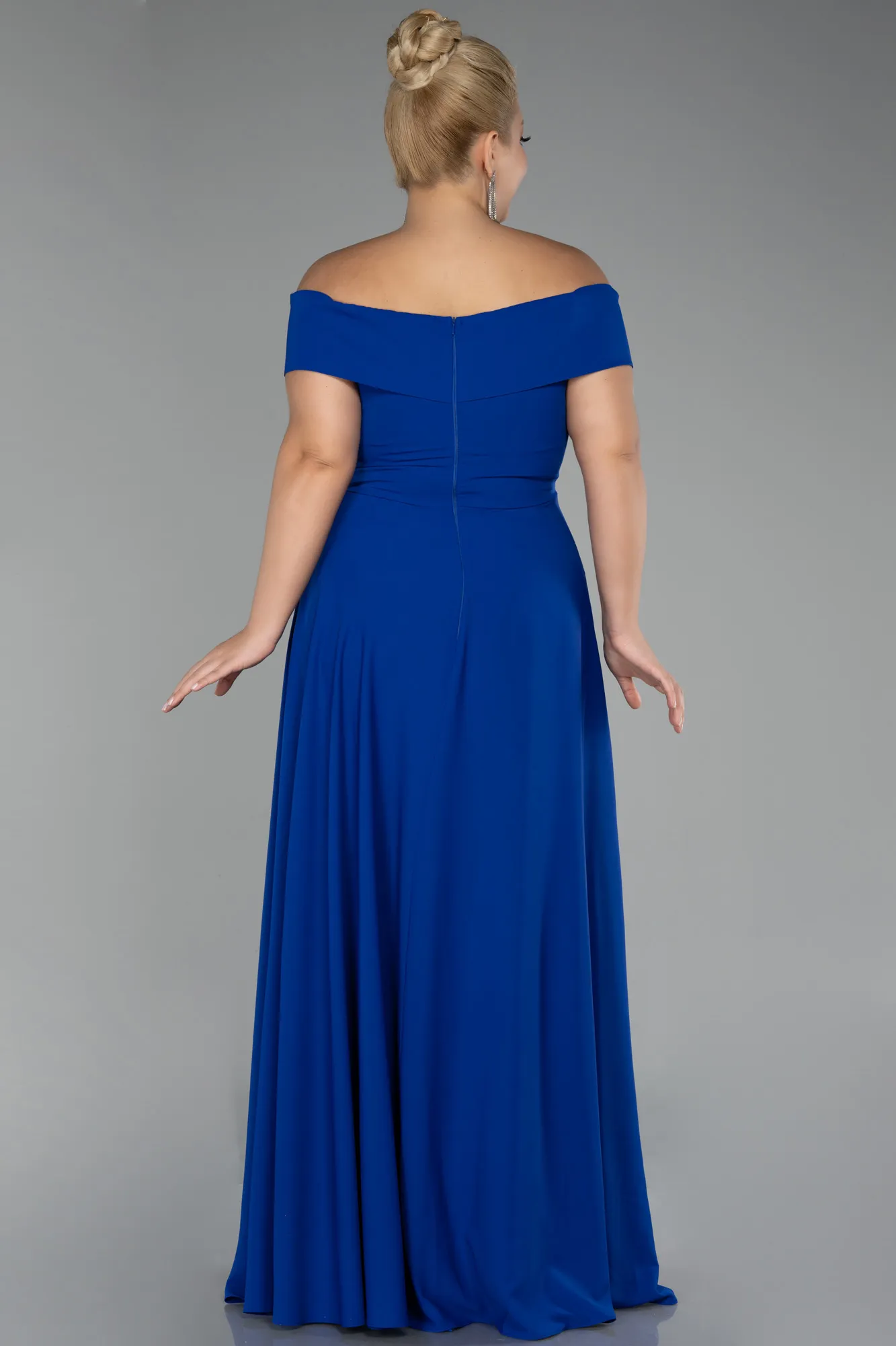 Sax Blue-Boat Neck Slit Long Chiffon Plus Size Prom Dress ABU4234