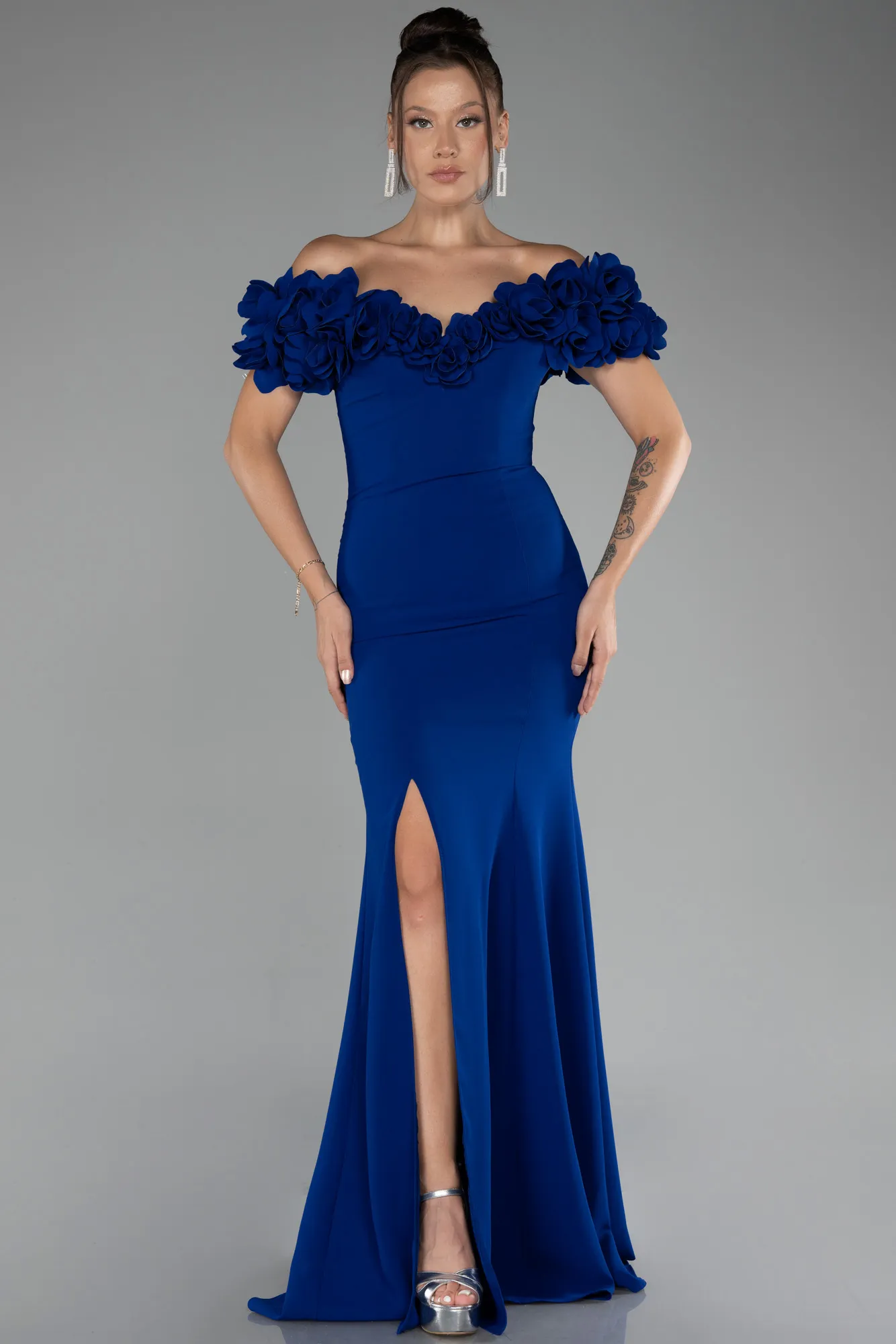 Sax Blue-Boat Neck Slit Long Evening Dress ABU4080