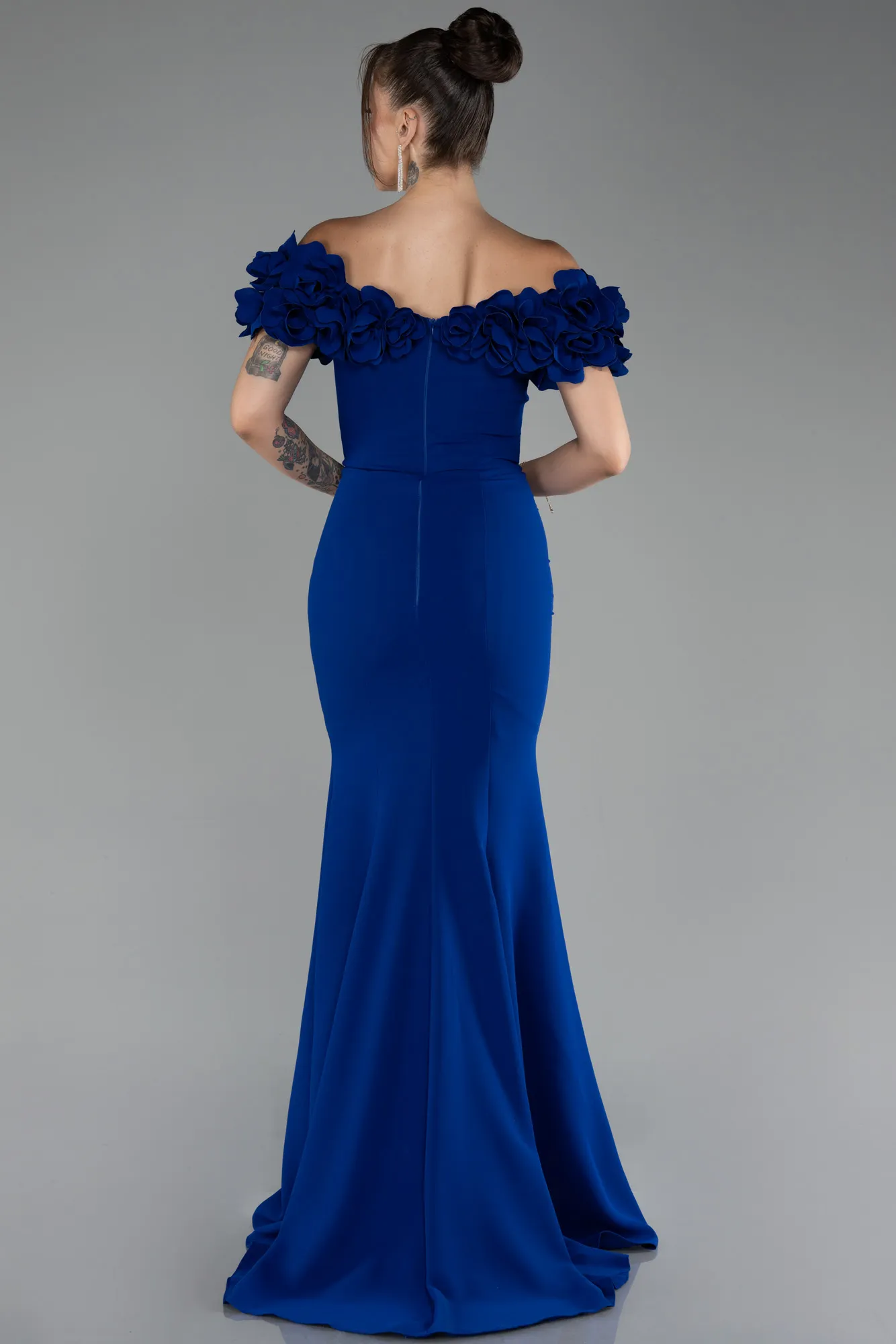 Sax Blue-Boat Neck Slit Long Evening Dress ABU4080