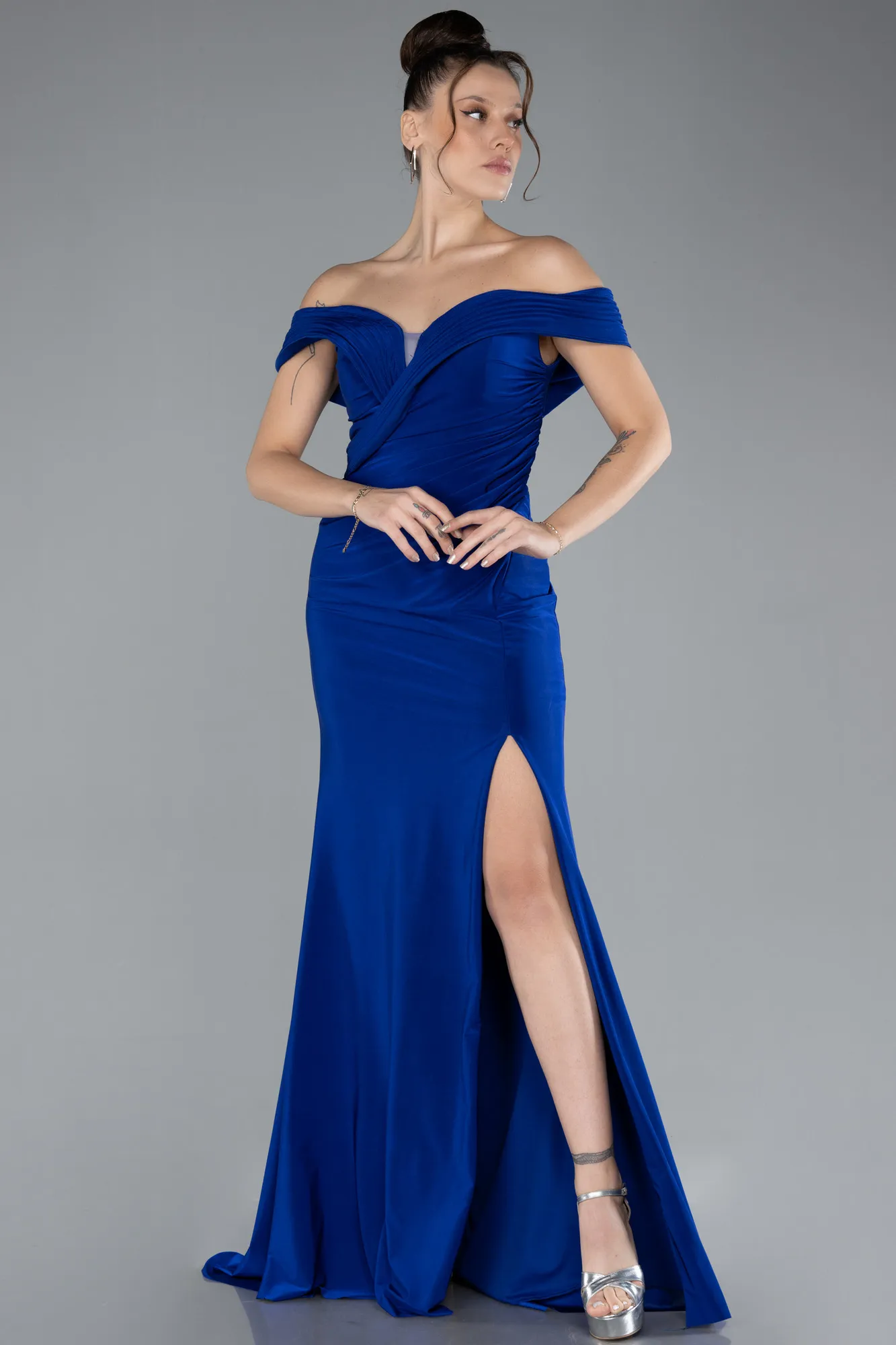 Sax Blue-Boat Neck Slit Long Evening Gown ABU4400