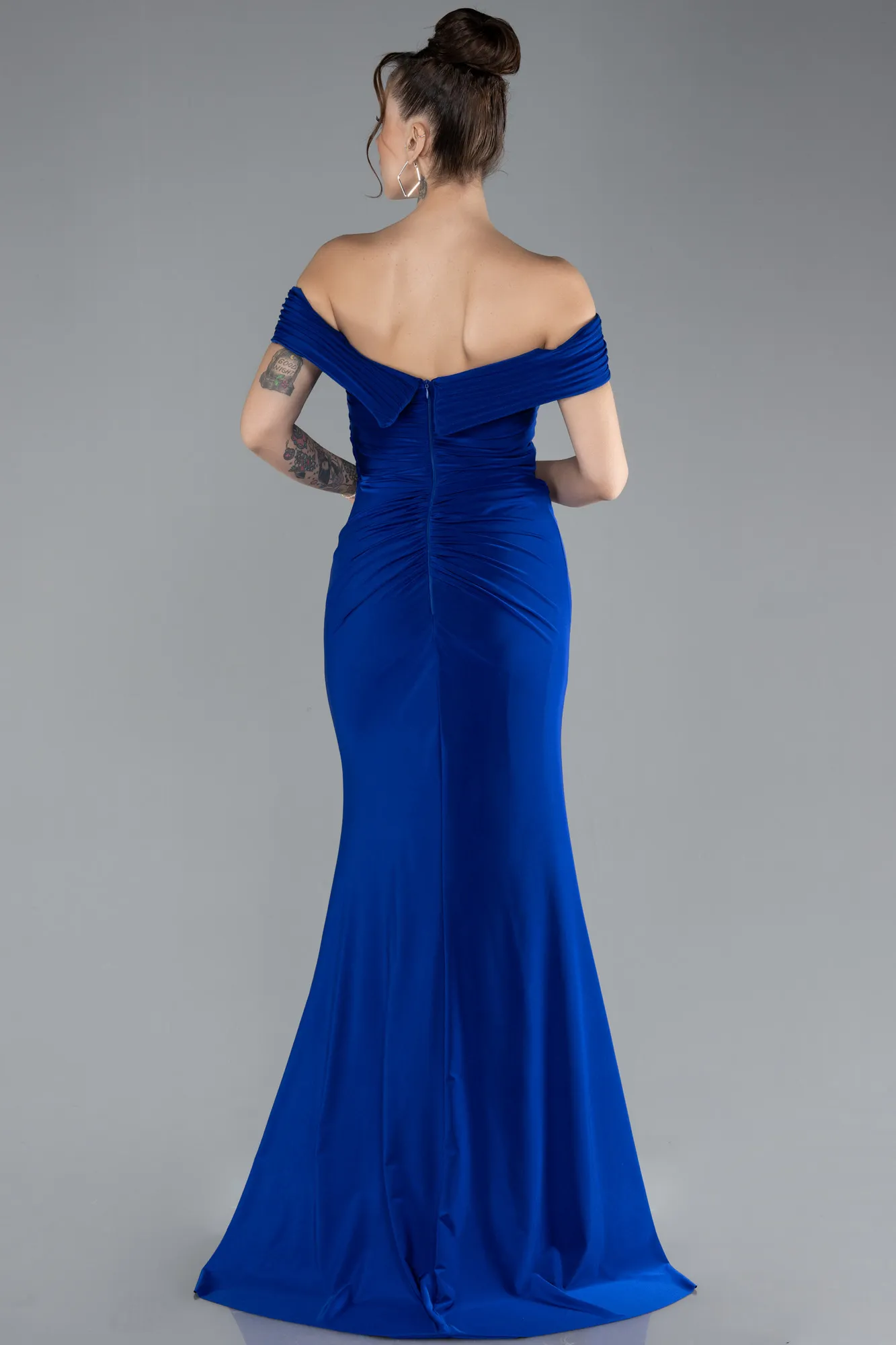 Sax Blue-Boat Neck Slit Long Evening Gown ABU4400