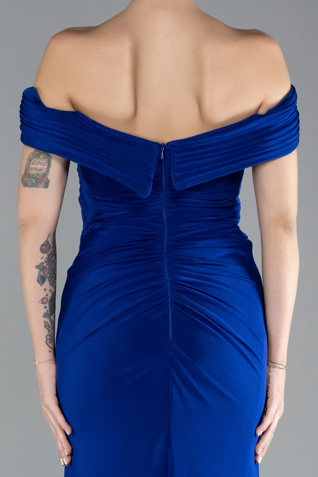 Sax Blue-Boat Neck Slit Long Evening Gown ABU4400