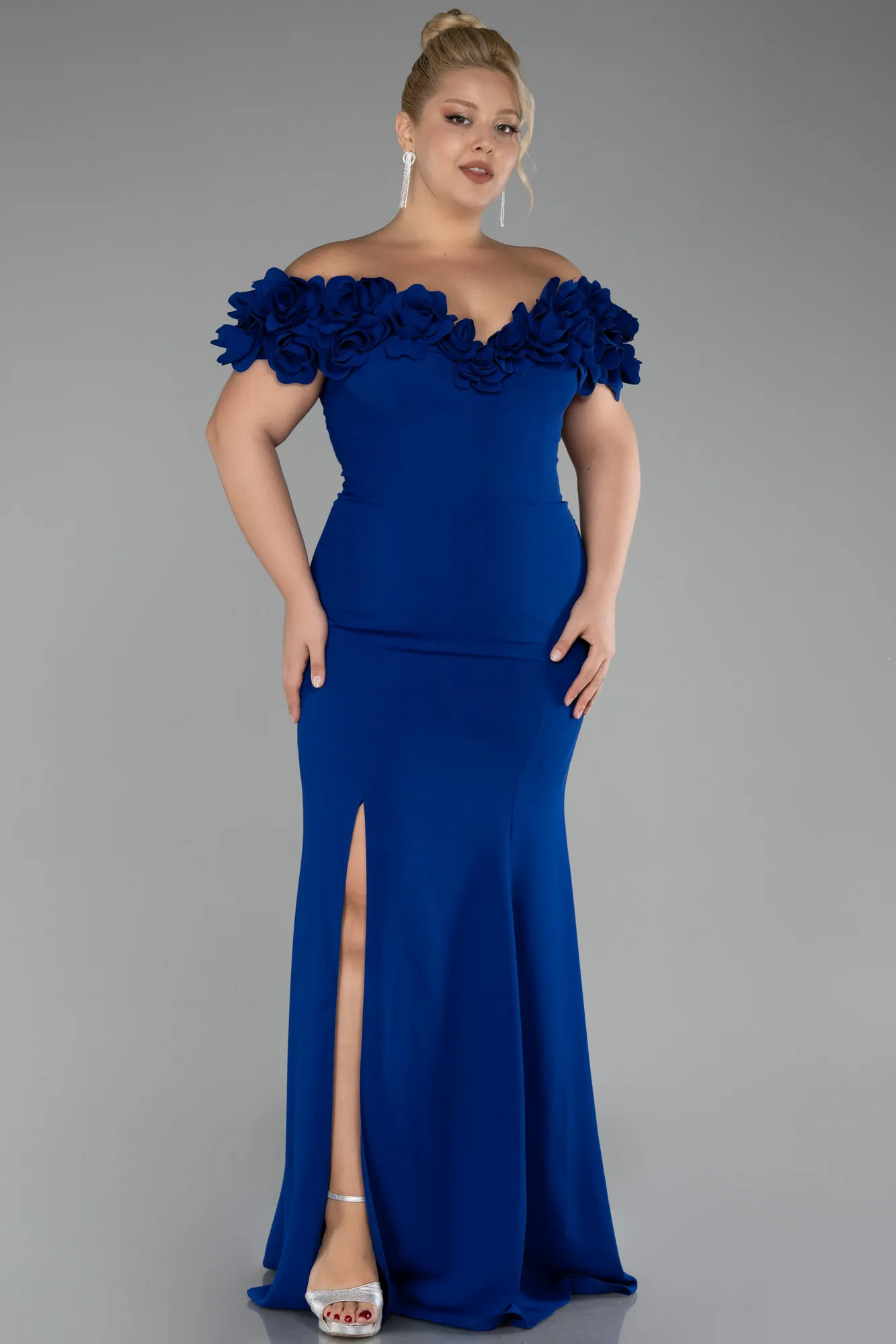 Sax Blue-Boat Neck Slit Long Plus Size Evening Dress ABU4081