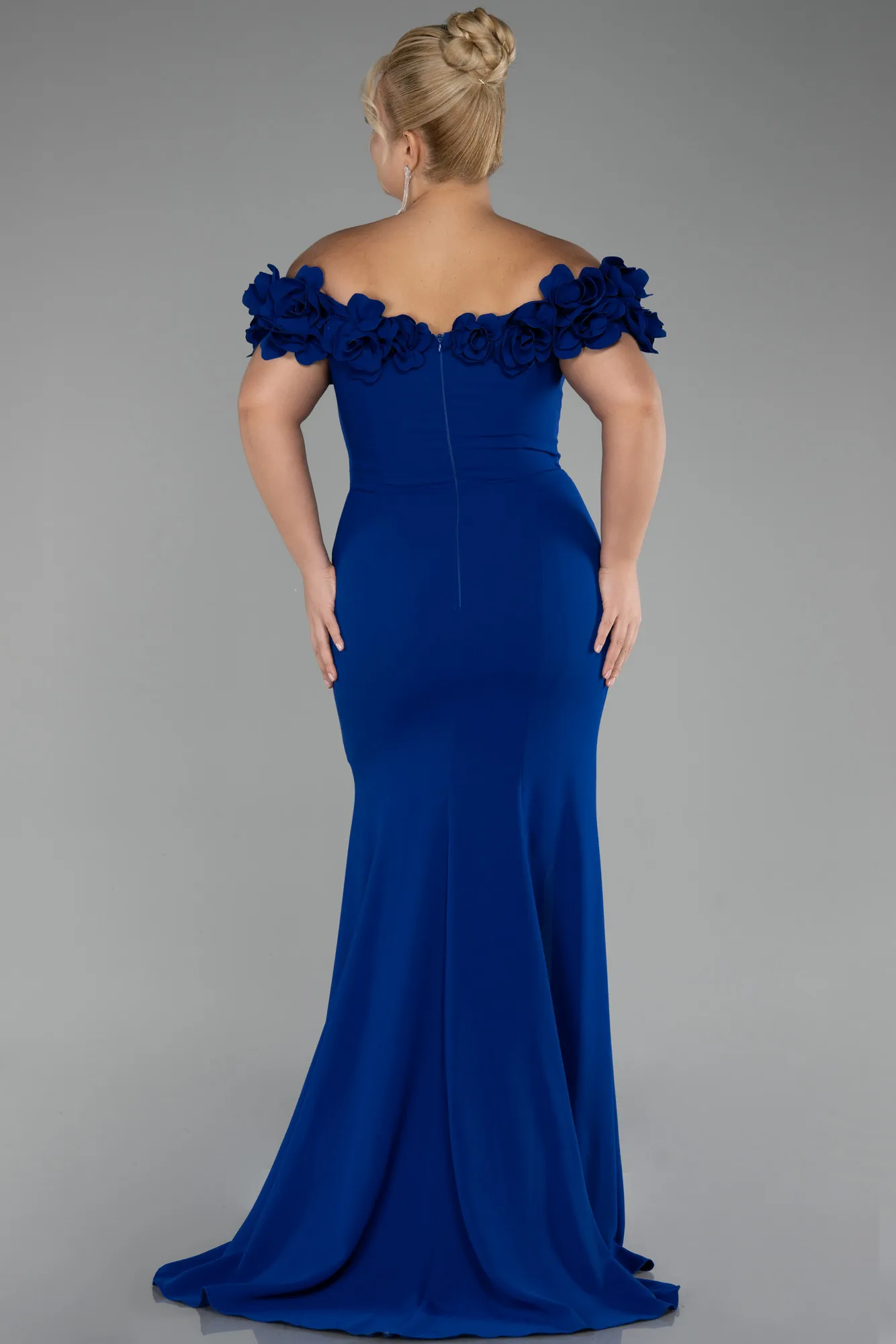 Sax Blue-Boat Neck Slit Long Plus Size Evening Dress ABU4081