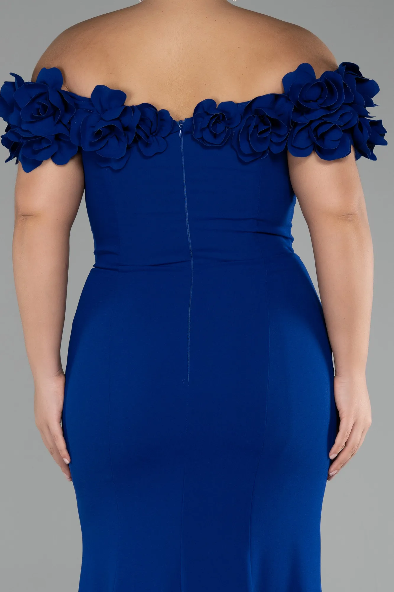 Sax Blue-Boat Neck Slit Long Plus Size Evening Dress ABU4081