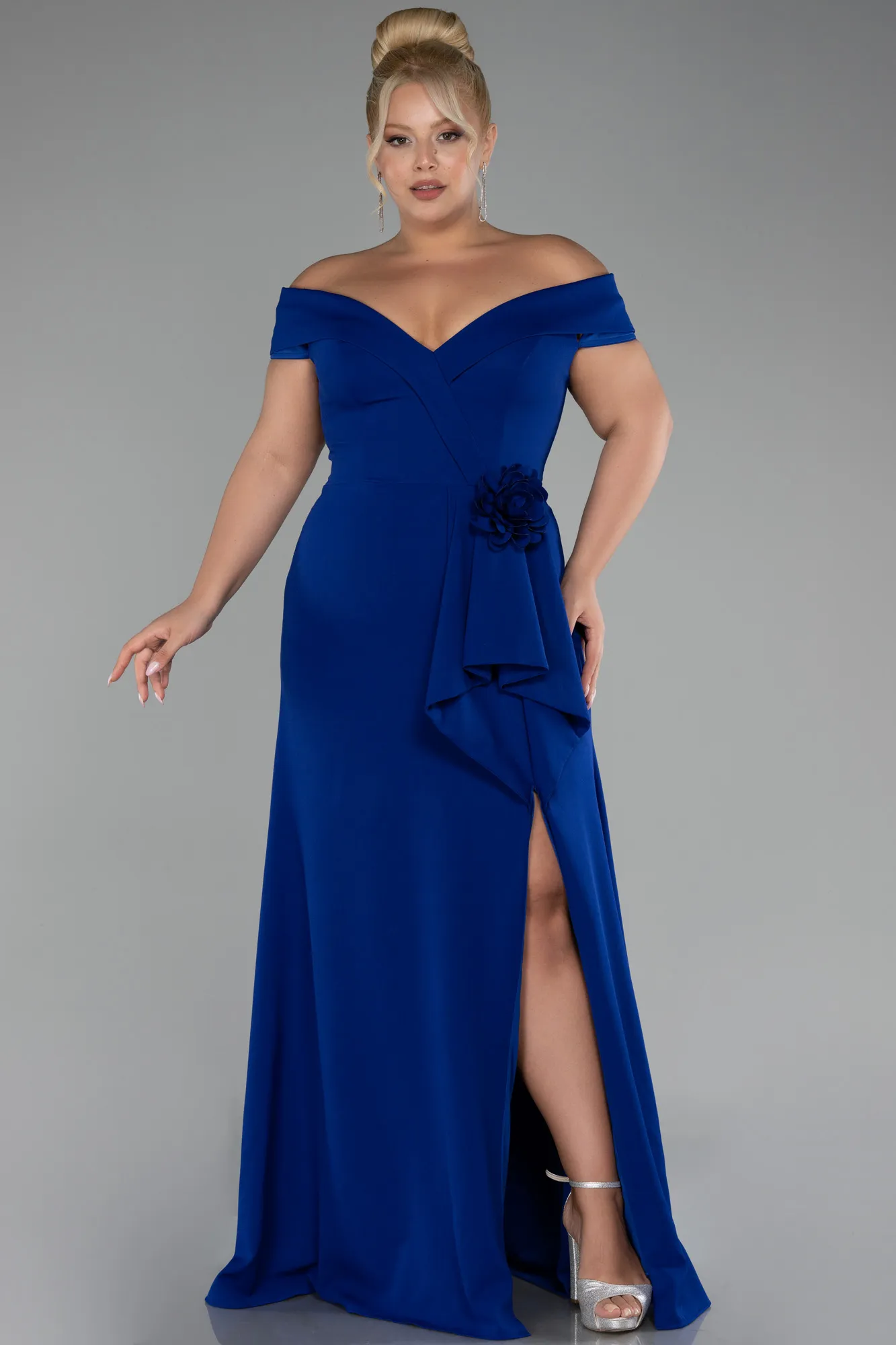 Sax Blue-Boat Neck Slit Long Plus Size Evening Dress ABU4200