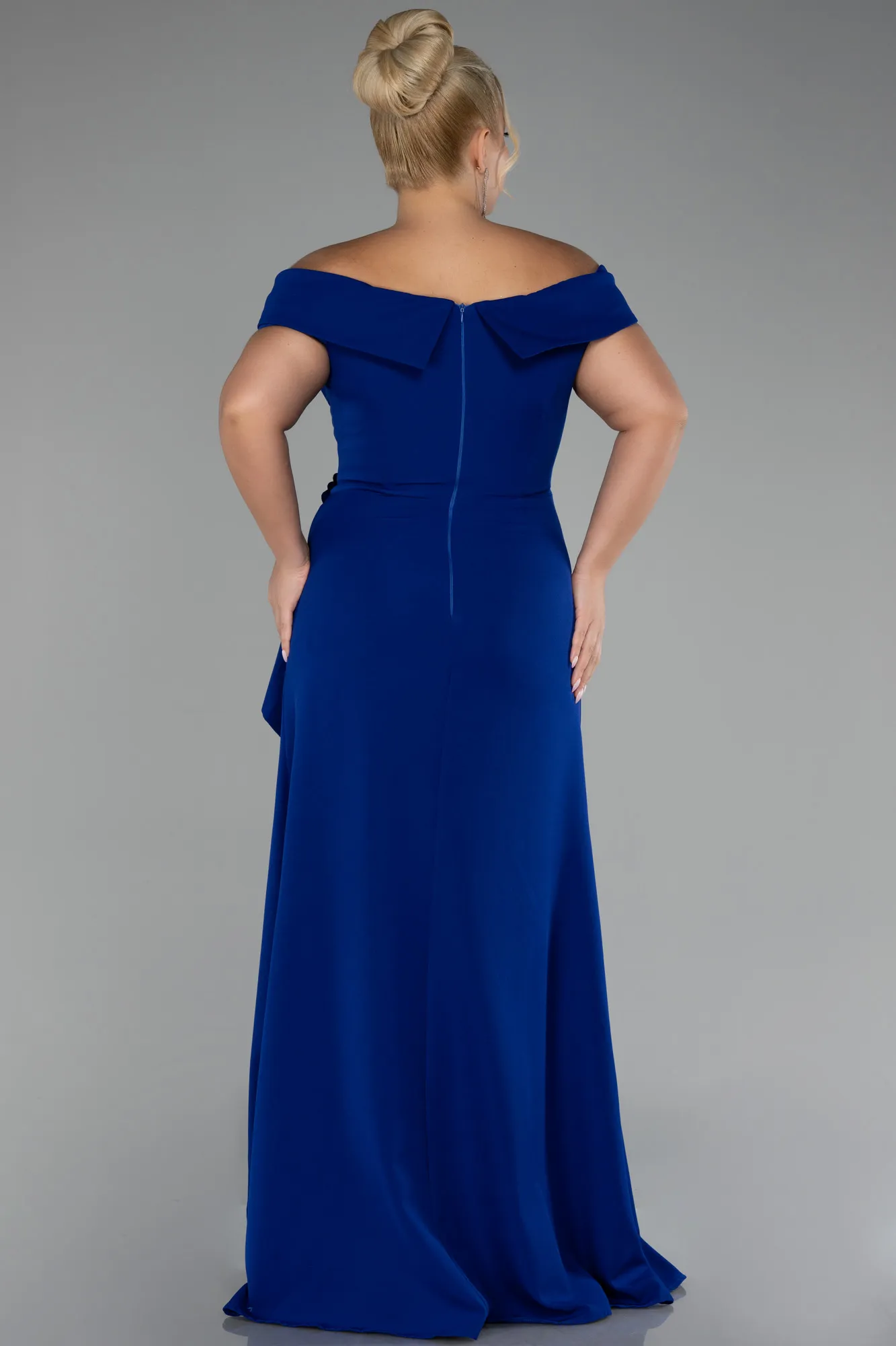 Sax Blue-Boat Neck Slit Long Plus Size Evening Dress ABU4200