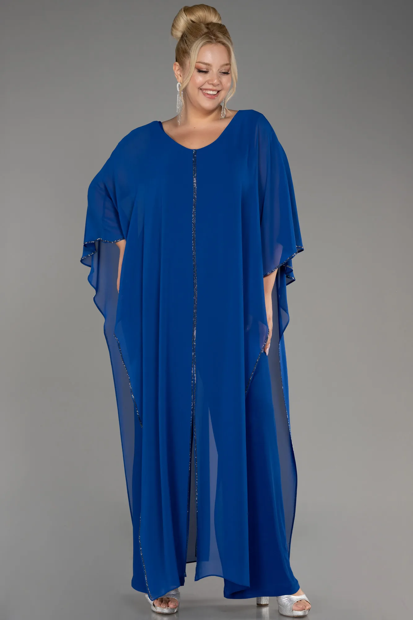 Sax Blue-Chiffon Plus Size Cocktail Dress ABT112